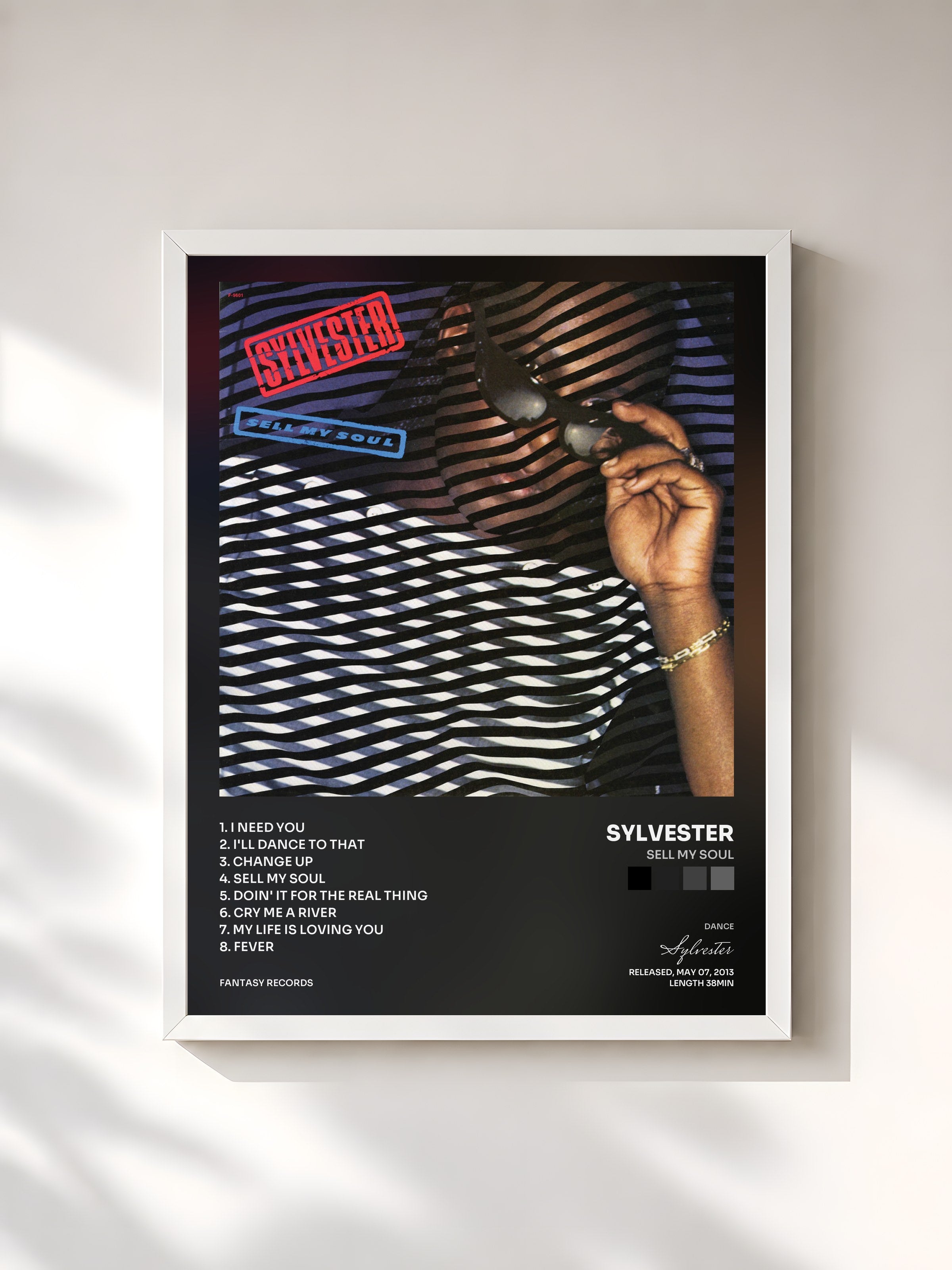 #blanc Tableau de l'album Sell My Soul de Sylvester, cadre blanc, imprimé et encadré en France