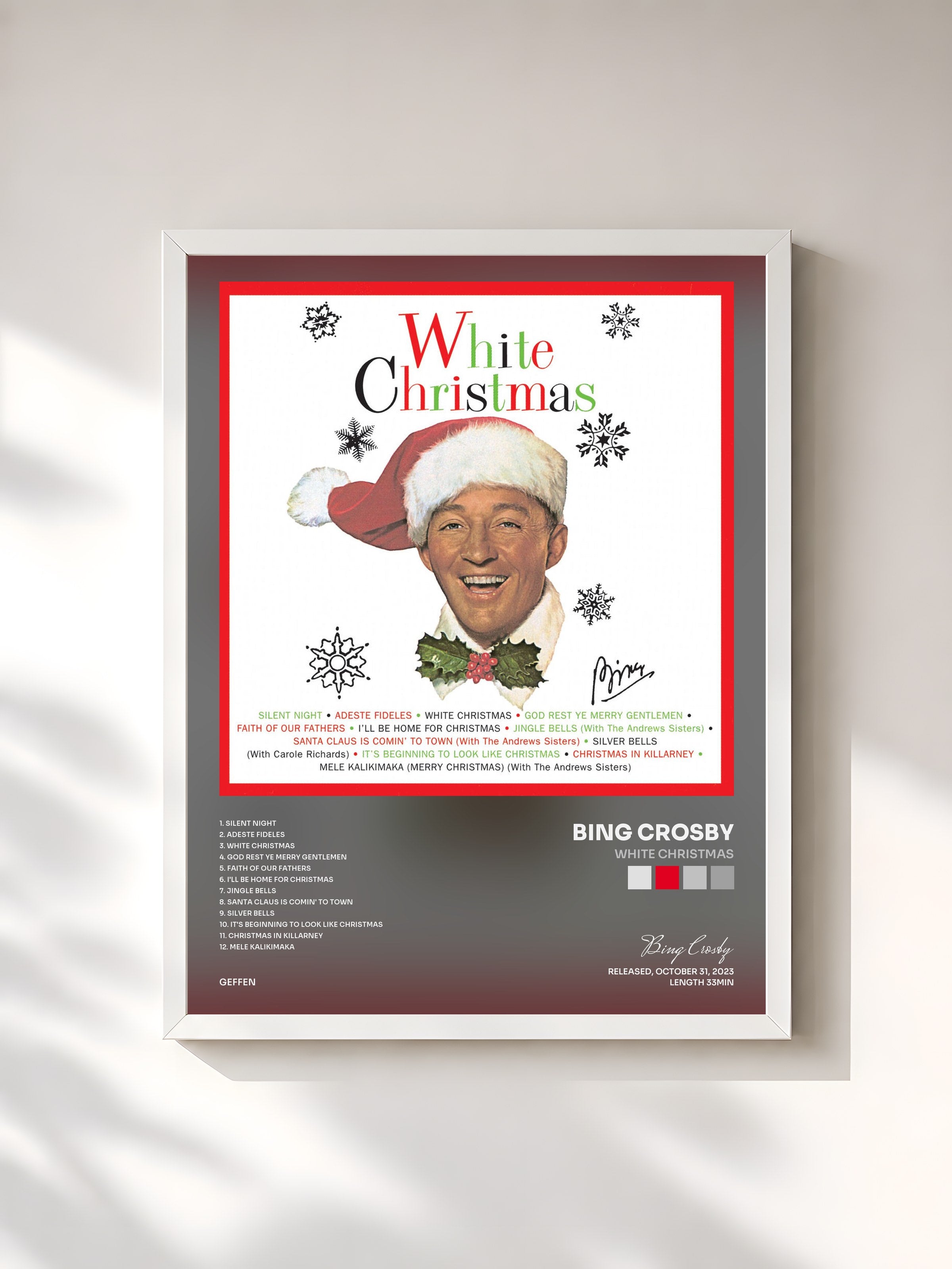 #blanc Tableau de l'album White Christmas de Bing Crosby, cadre blanc, imprimé et encadré en France