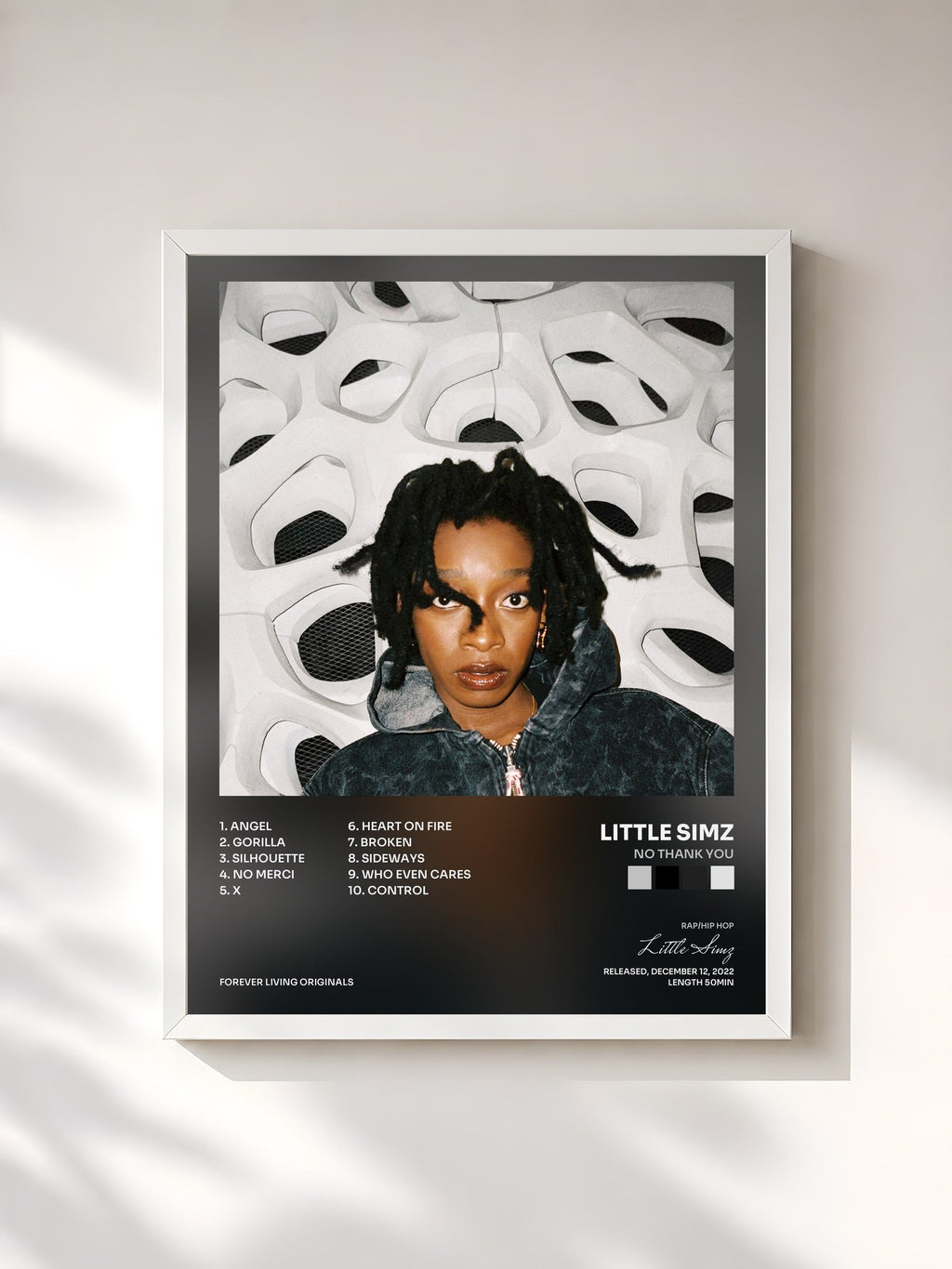 #blanc Tableau de l'album NO THANK YOU de Little Simz, cadre blanc, imprimé et encadré en France
