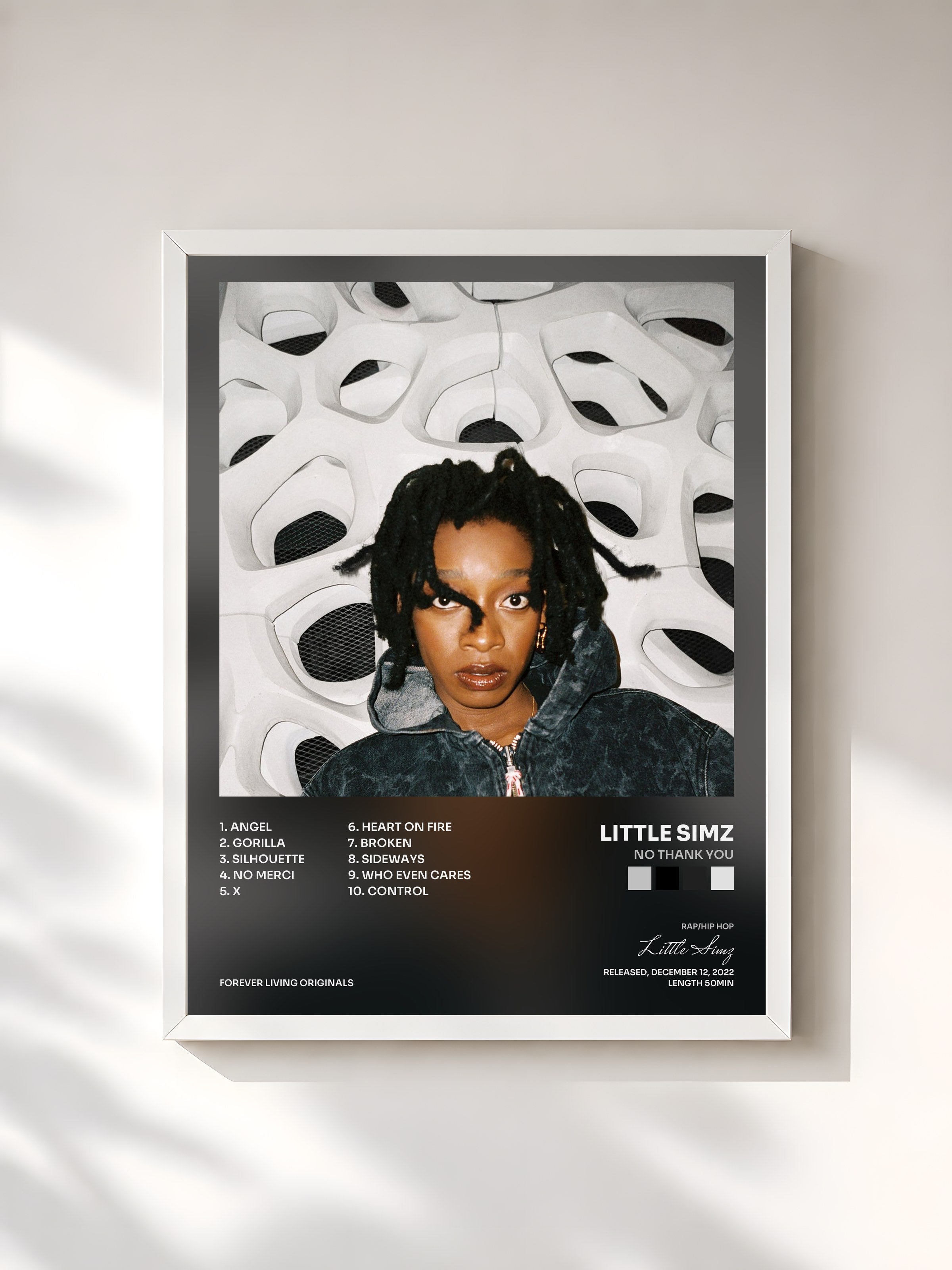 #blanc Tableau de l'album NO THANK YOU de Little Simz, cadre blanc, imprimé et encadré en France