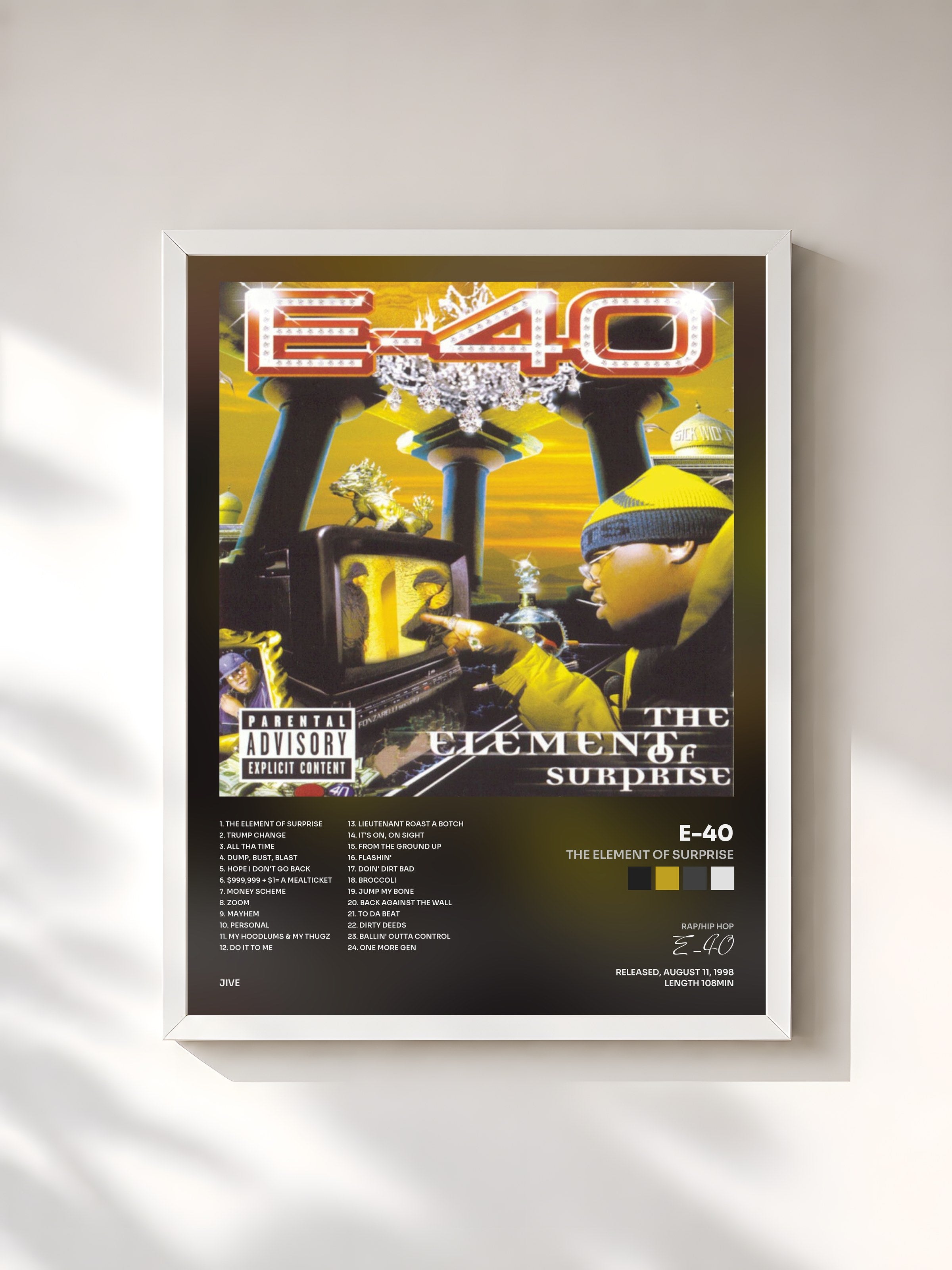 #blanc Tableau de l'album The Element Of Surprise de E-40, cadre blanc, imprimé et encadré en France