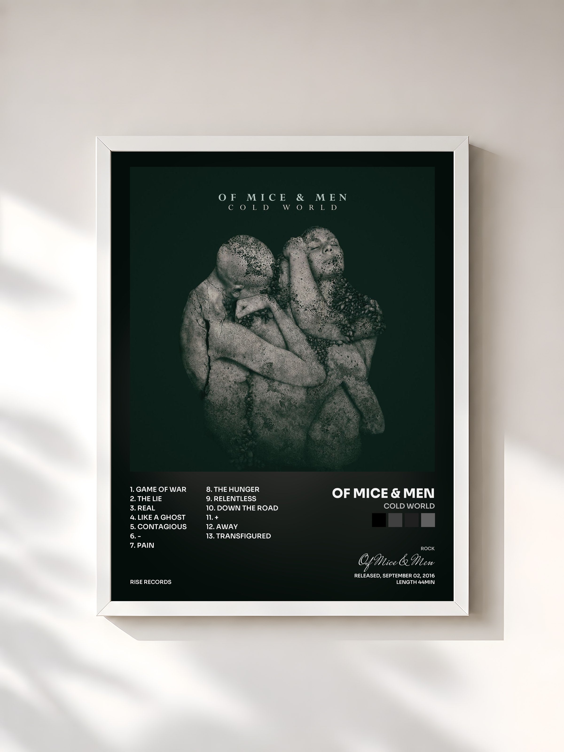 #blanc Tableau de l'album Cold World de Of Mice & Men, cadre blanc, imprimé et encadré en France
