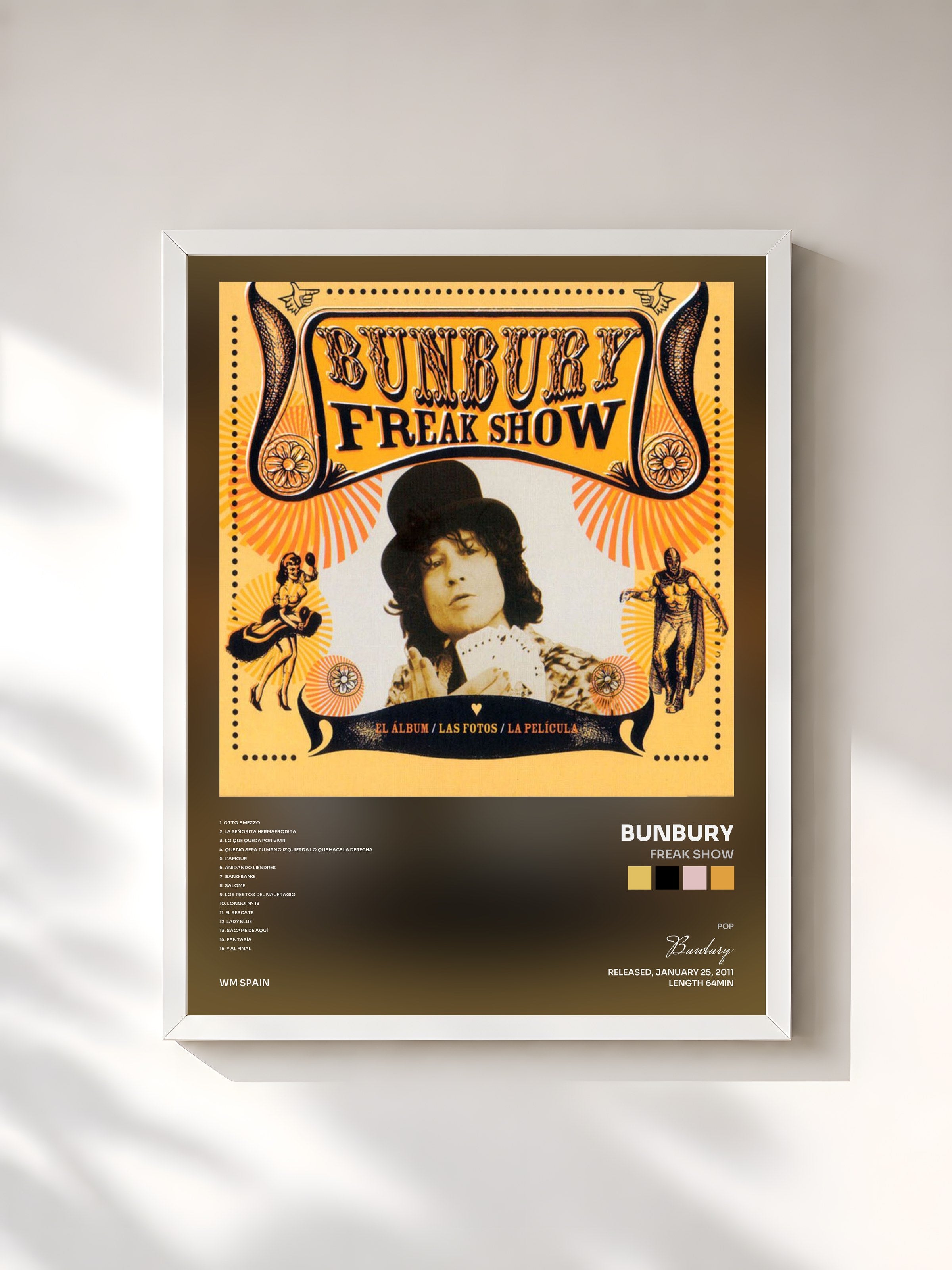 #blanc Tableau de l'album Freak Show de Bunbury, cadre blanc, imprimé et encadré en France