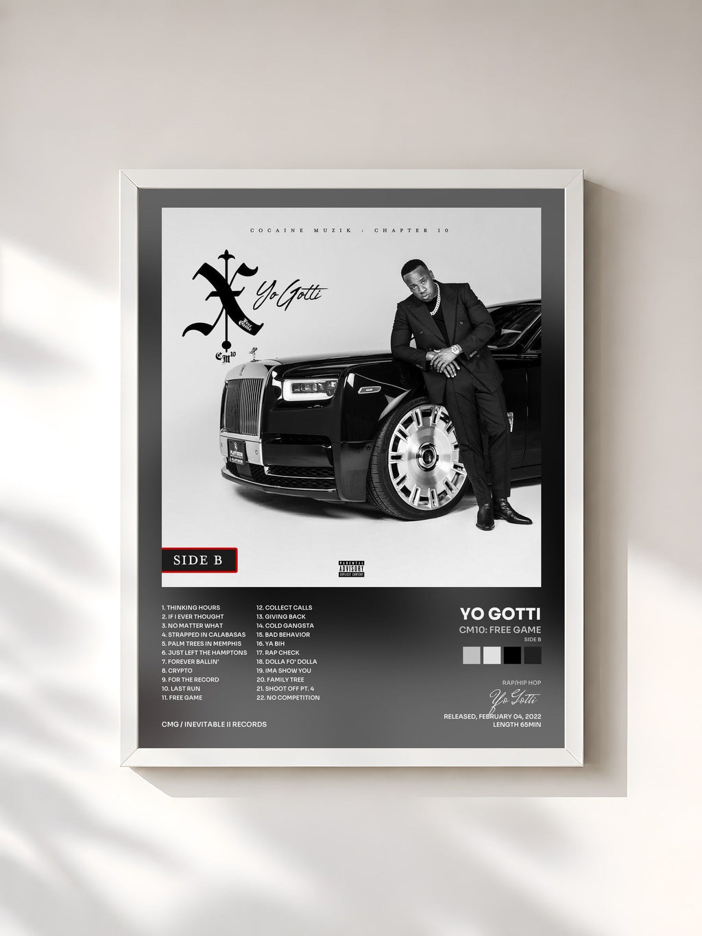 #blanc Tableau de l'album CM10: Free Game (Side B) de Yo Gotti, cadre blanc, imprimé et encadré en France