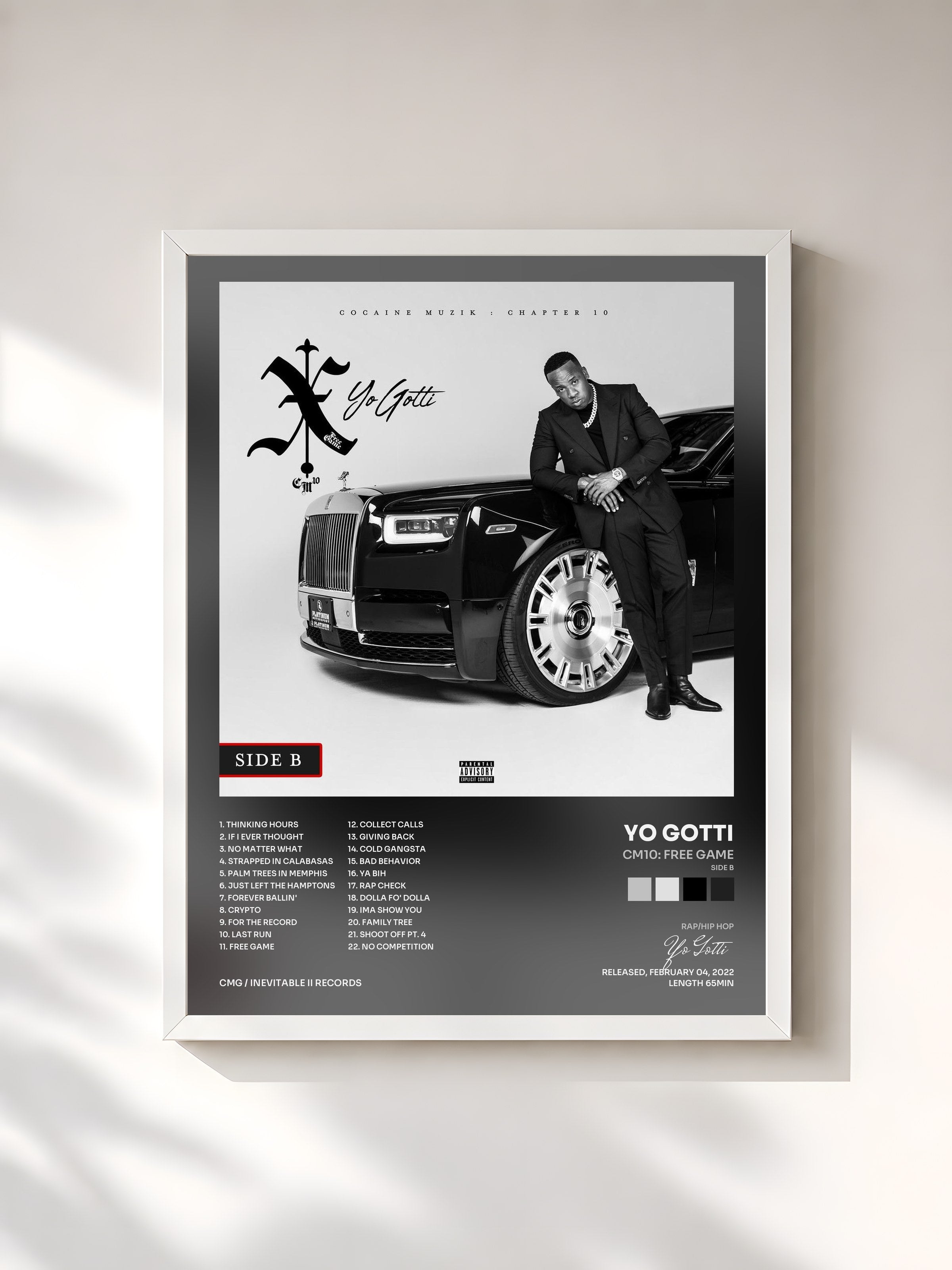 #blanc Tableau de l'album CM10: Free Game (Side B) de Yo Gotti, cadre blanc, imprimé et encadré en France