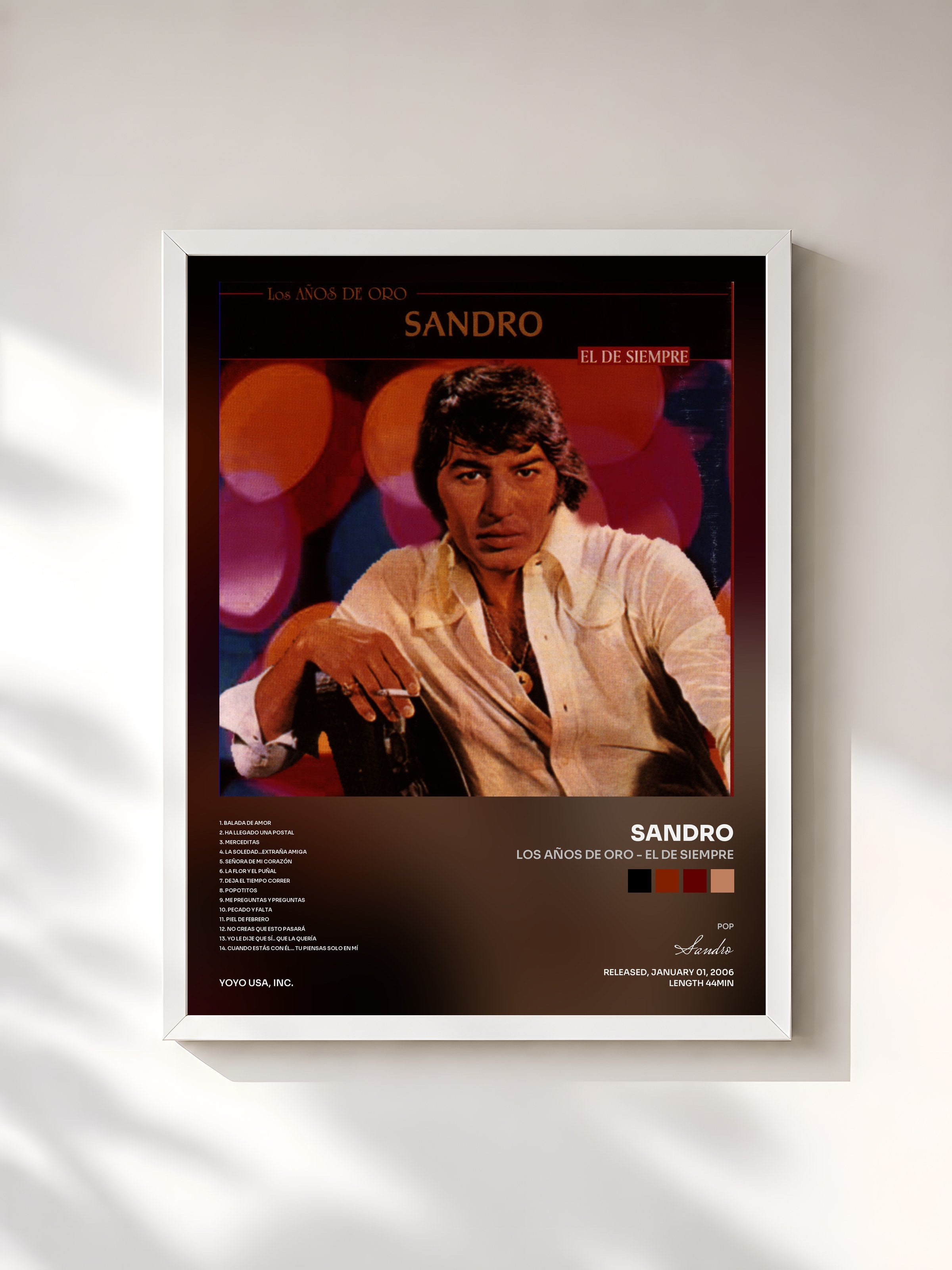 #blanc Tableau de l'album Los Años De Oro - El De Siempre de Sandro, cadre blanc, imprimé et encadré en France