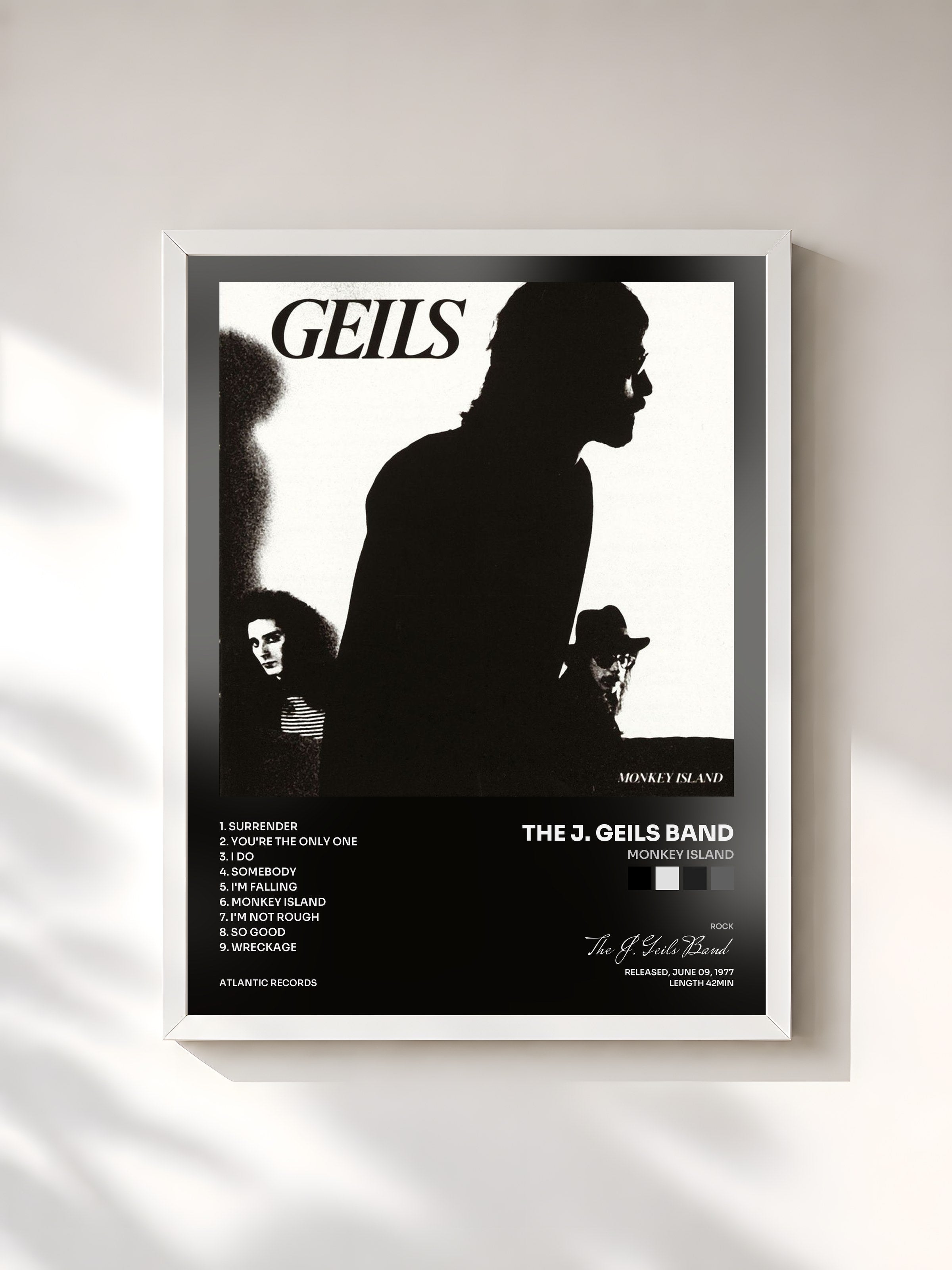 #blanc Tableau de l'album Monkey Island de The J. Geils Band, cadre blanc, imprimé et encadré en France