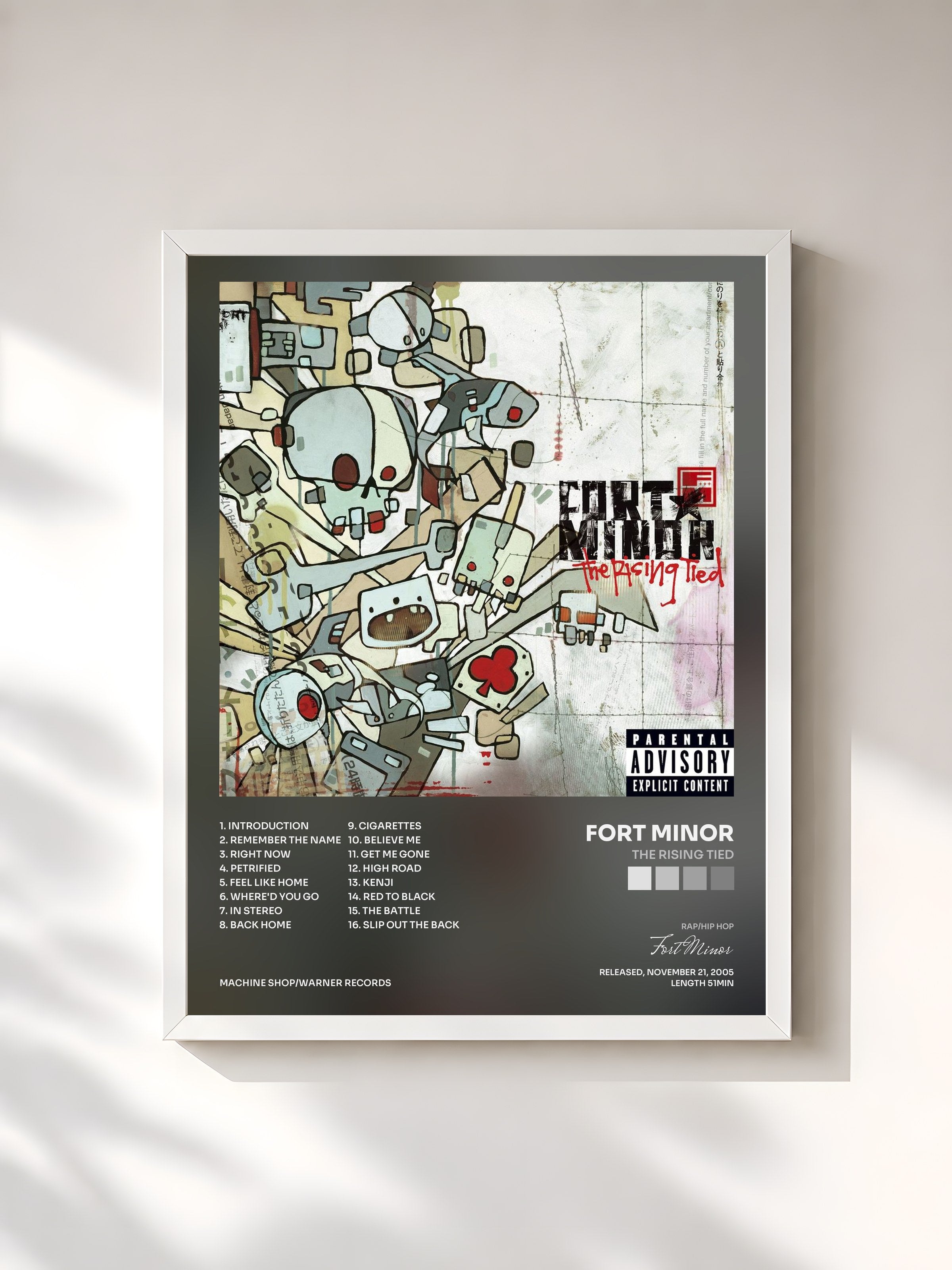 #blanc Tableau de l'album The Rising Tied de Fort Minor, cadre blanc, imprimé et encadré en France