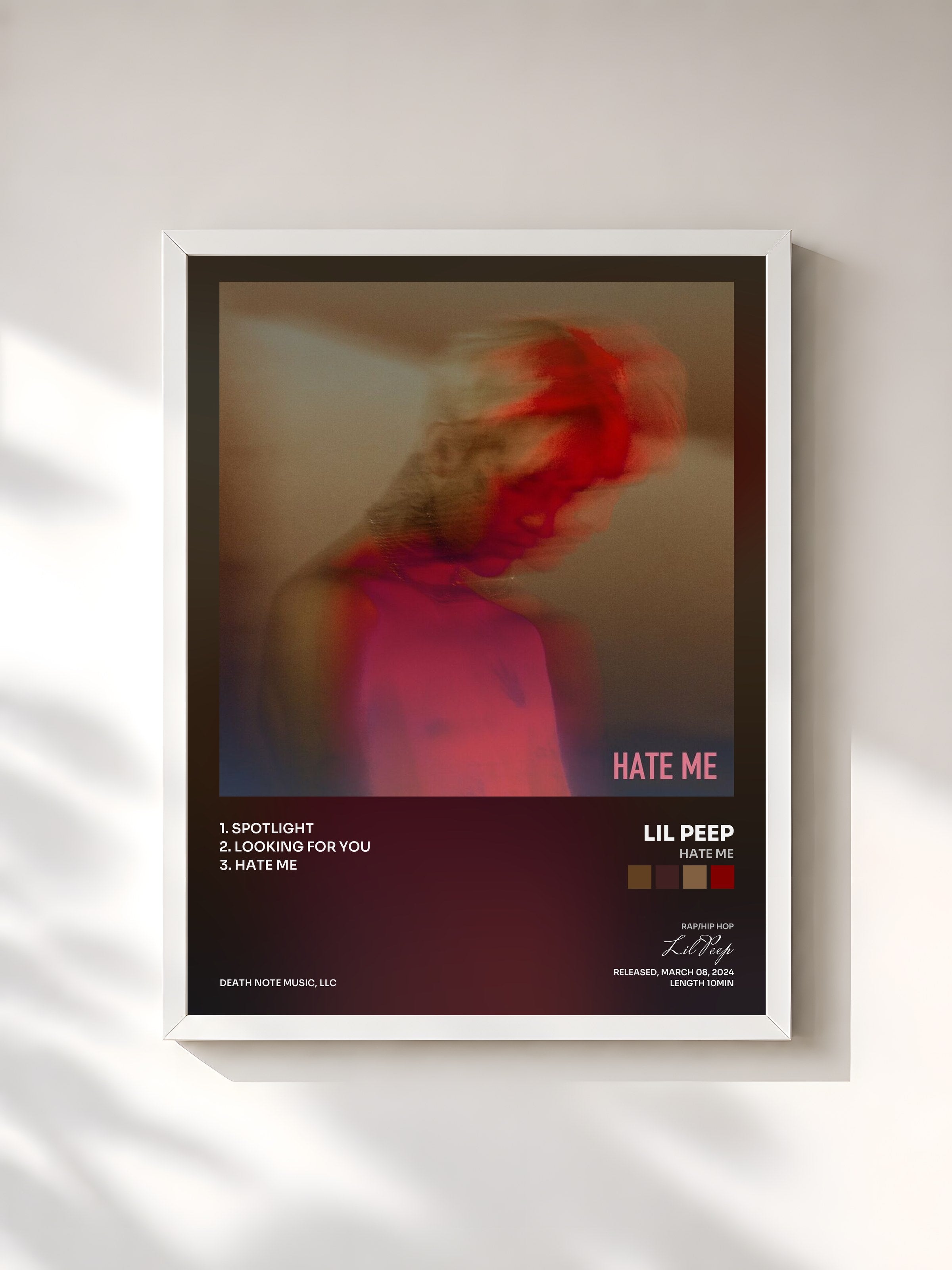 #blanc Tableau de l'album HATE ME de Lil Peep, cadre blanc, imprimé et encadré en France