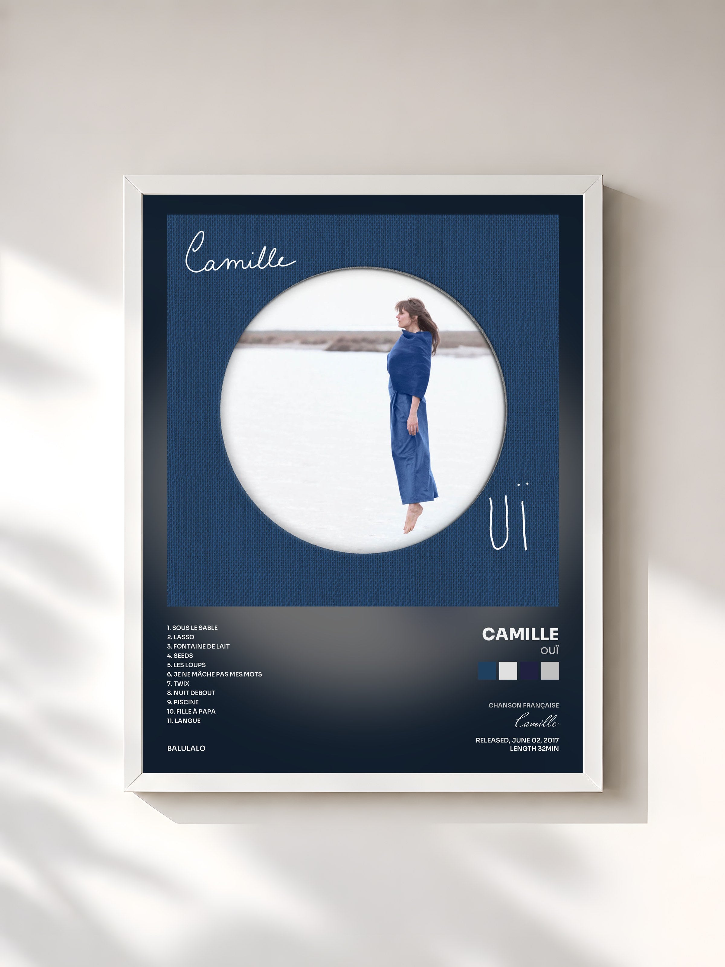#blanc Tableau de l'album OUÏ de Camille, cadre blanc, imprimé et encadré en France