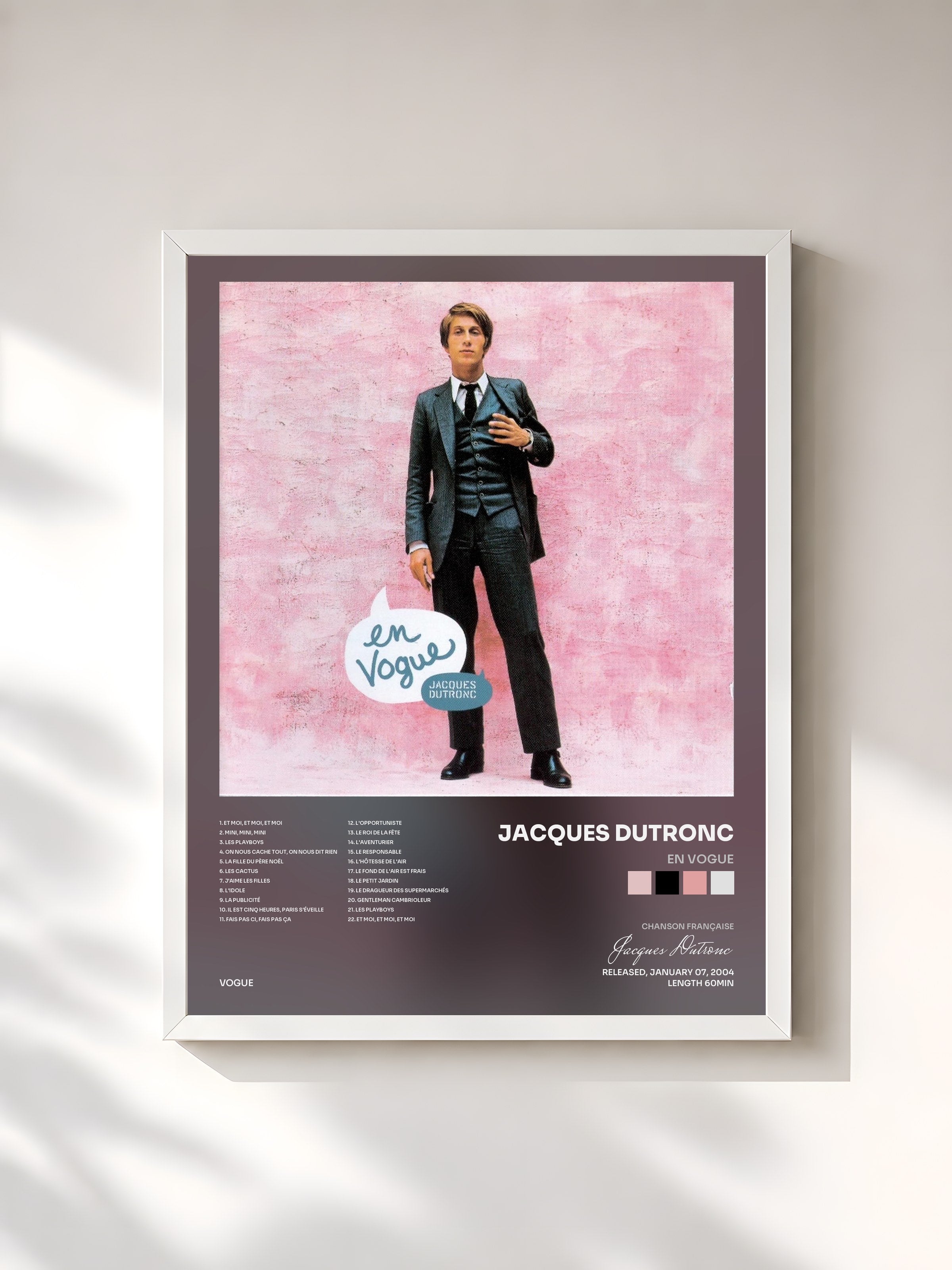 #blanc Tableau de l'album En Vogue de Jacques Dutronc, cadre blanc, imprimé et encadré en France