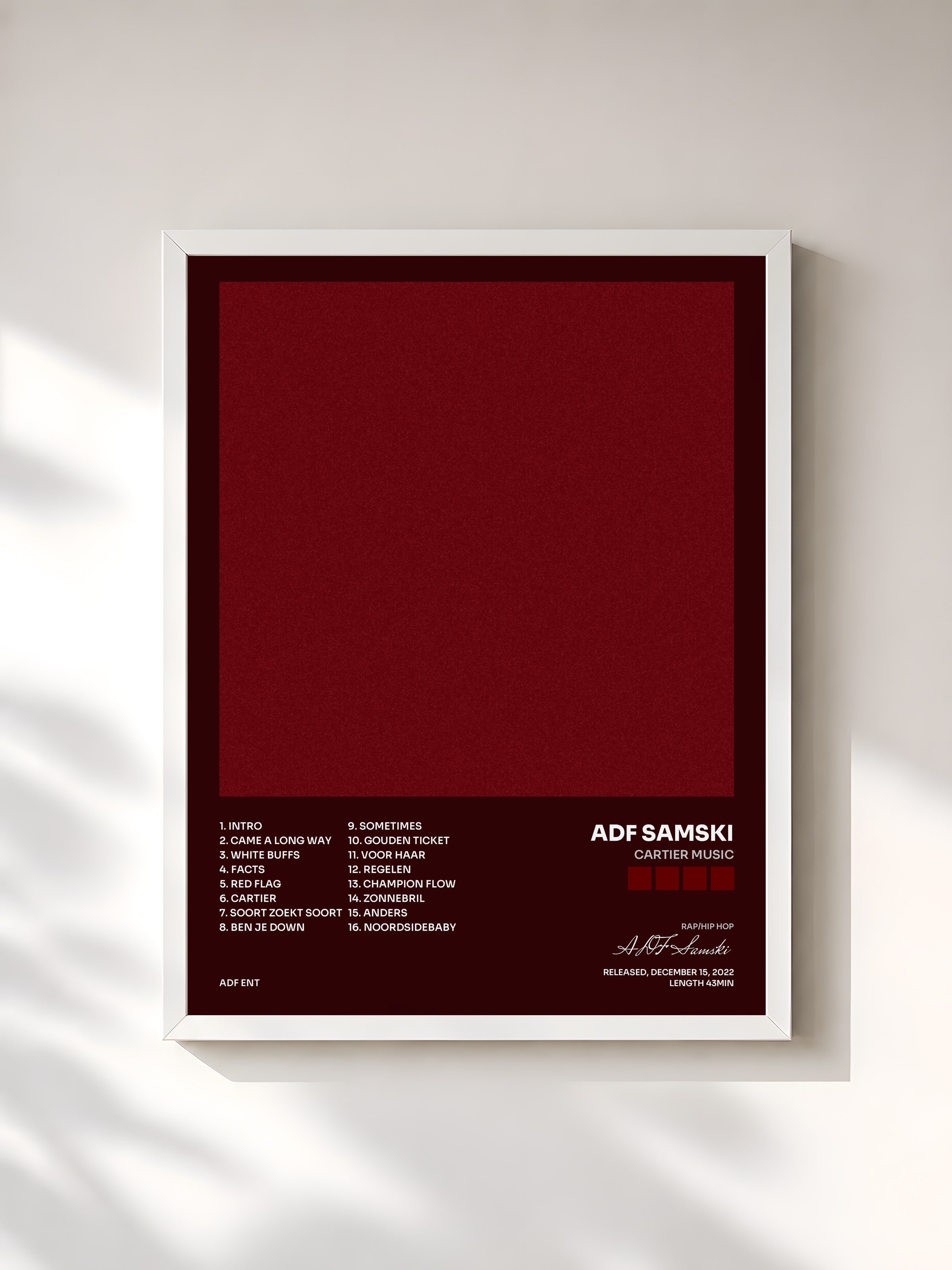 #blanc Tableau de l'album Cartier Music de ADF Samski, cadre blanc, imprimé et encadré en France