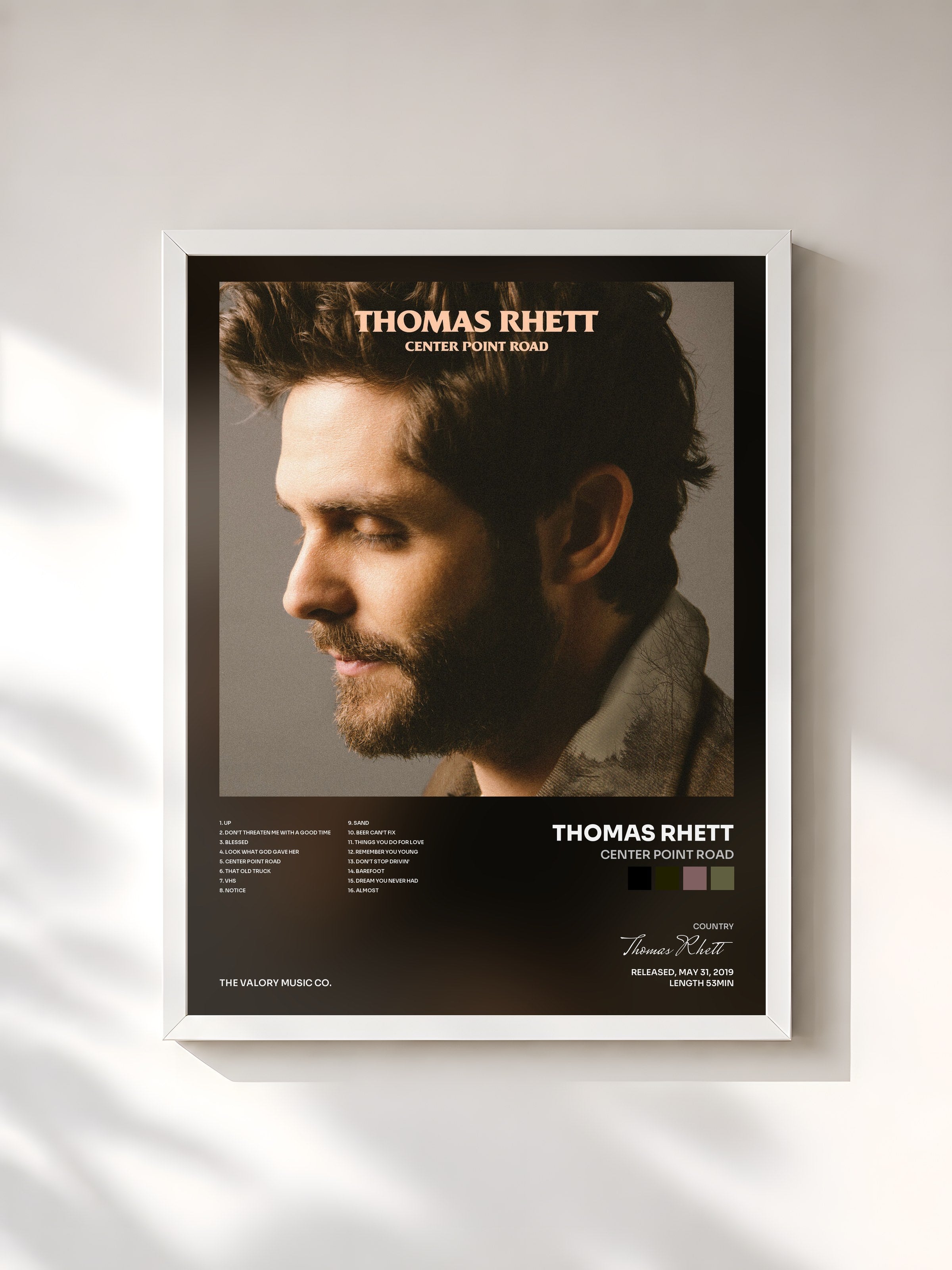 #blanc Tableau de l'album Center Point Road de Thomas Rhett, cadre blanc, imprimé et encadré en France