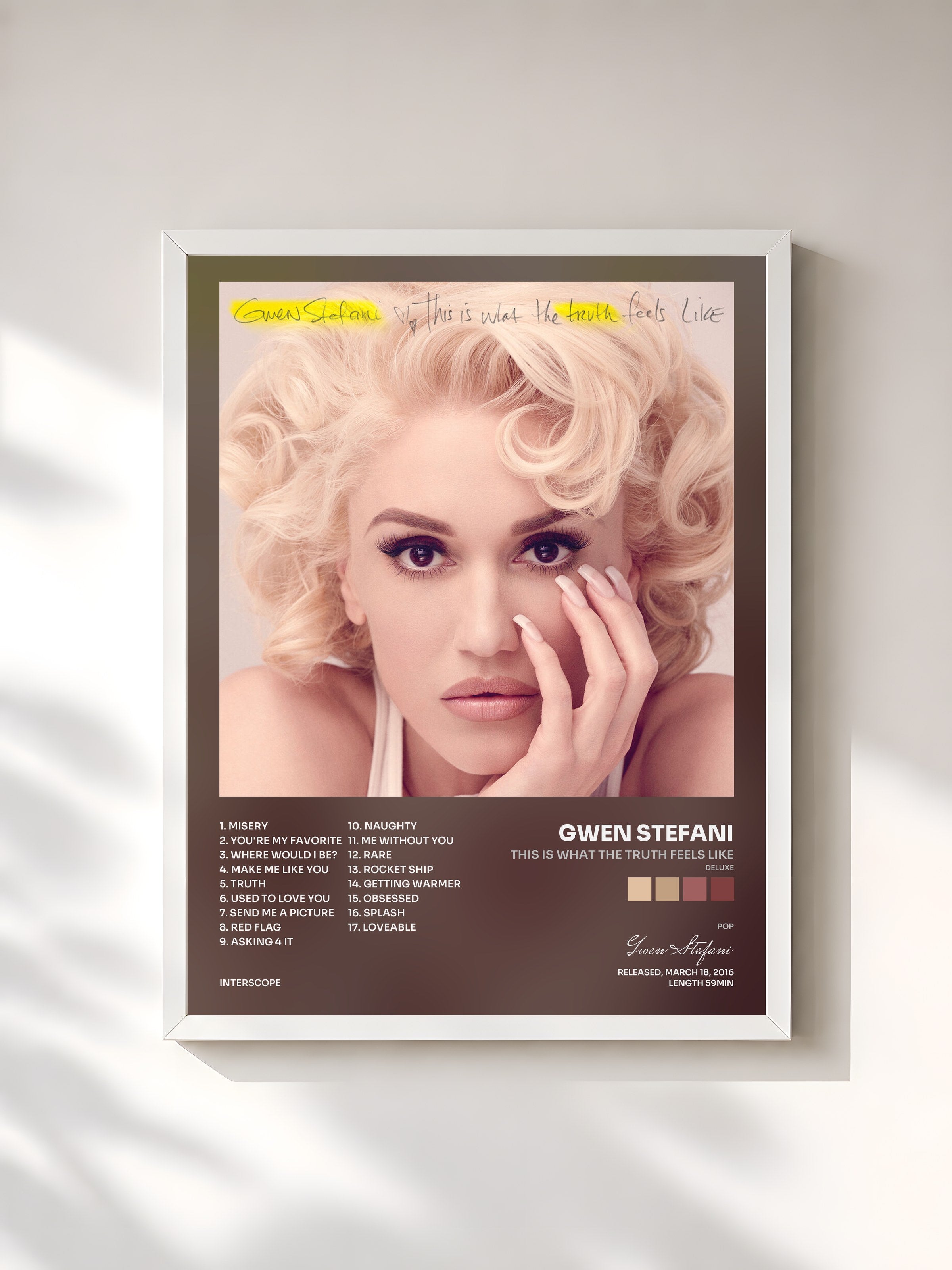 #blanc Tableau de l'album This Is What The Truth Feels Like (Deluxe) de Gwen Stefani, cadre blanc, imprimé et encadré en France
