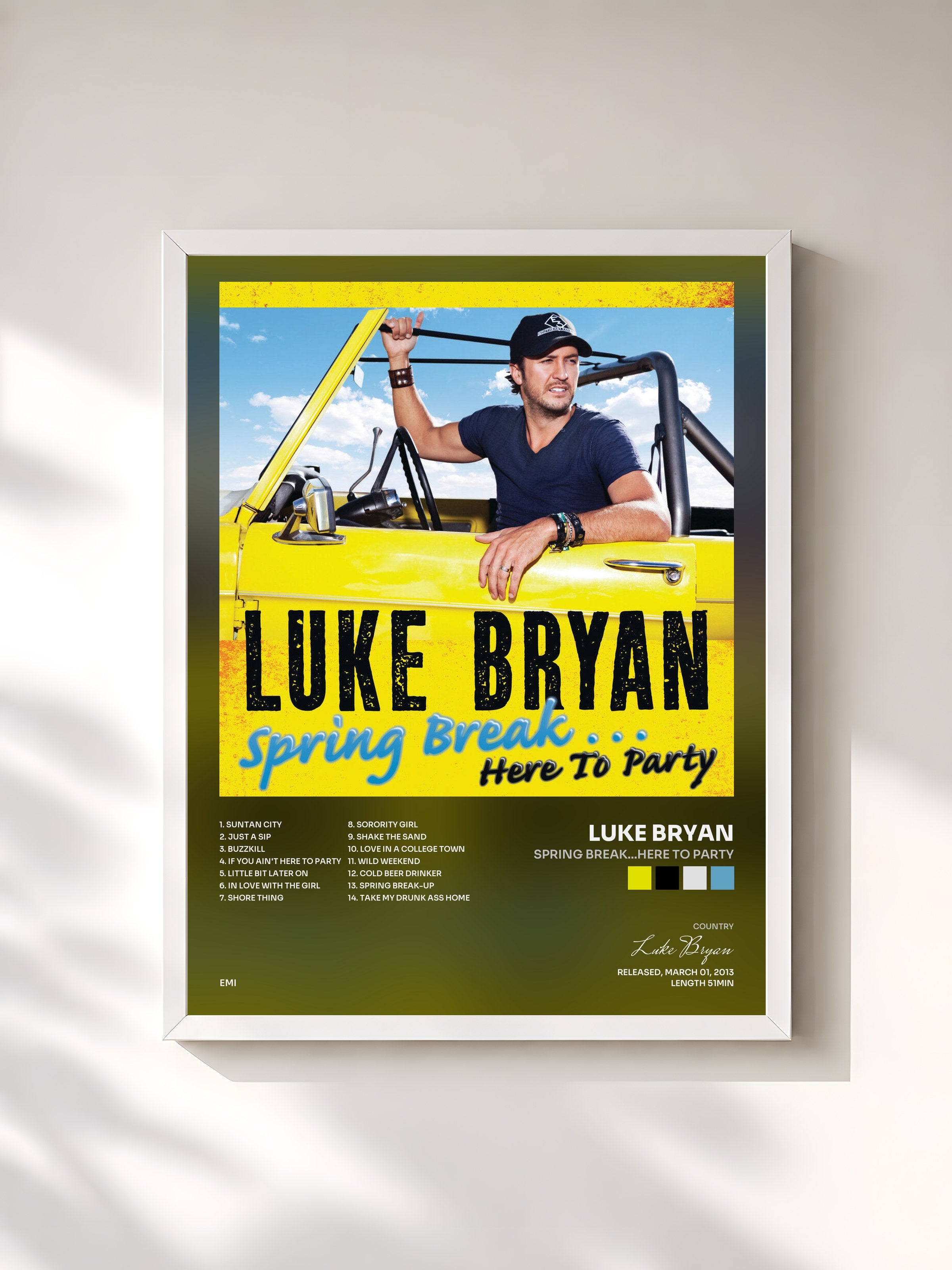 #blanc Tableau de l'album Spring Break...Here To Party de Luke Bryan, cadre blanc, imprimé et encadré en France