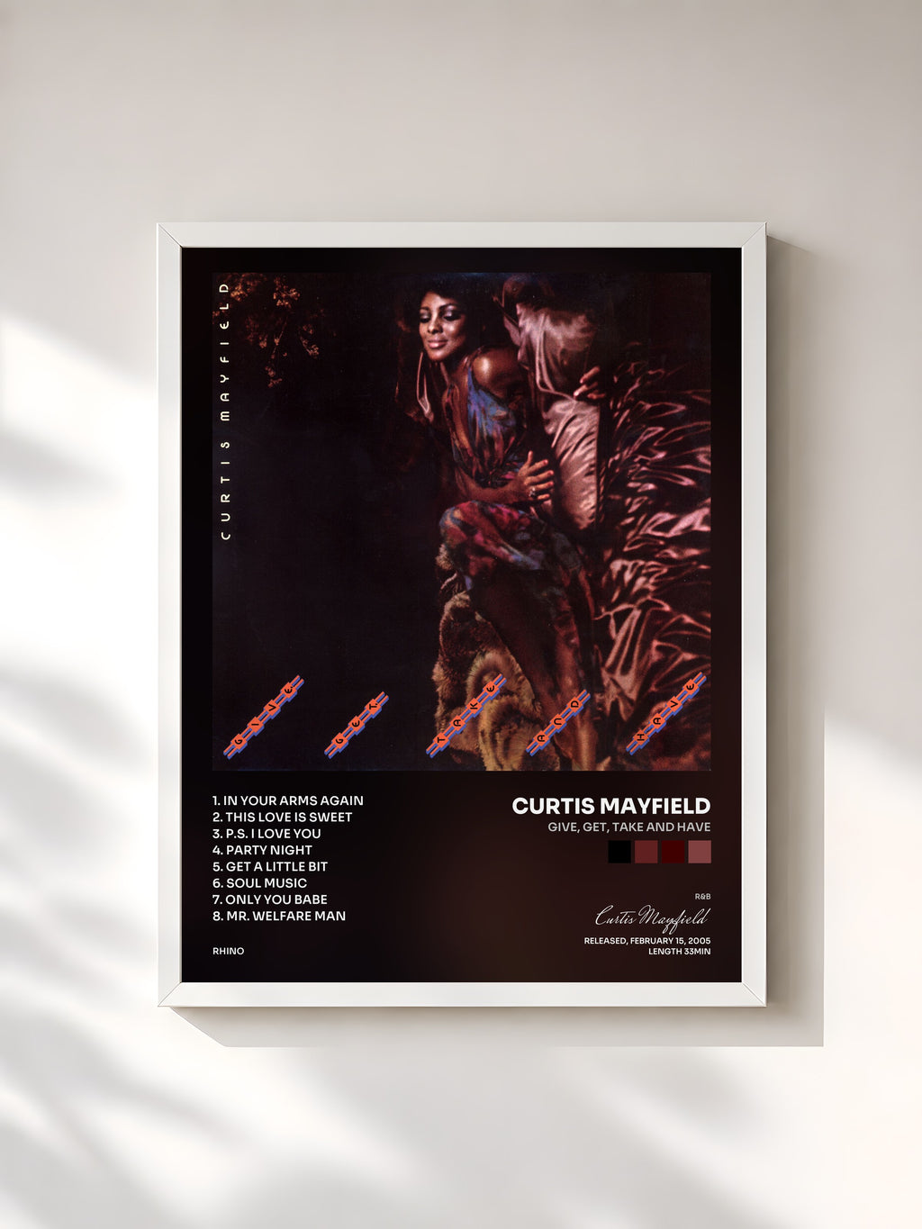 #blanc Tableau de l'album Give, Get, Take And Have de Curtis Mayfield, cadre blanc, imprimé et encadré en France