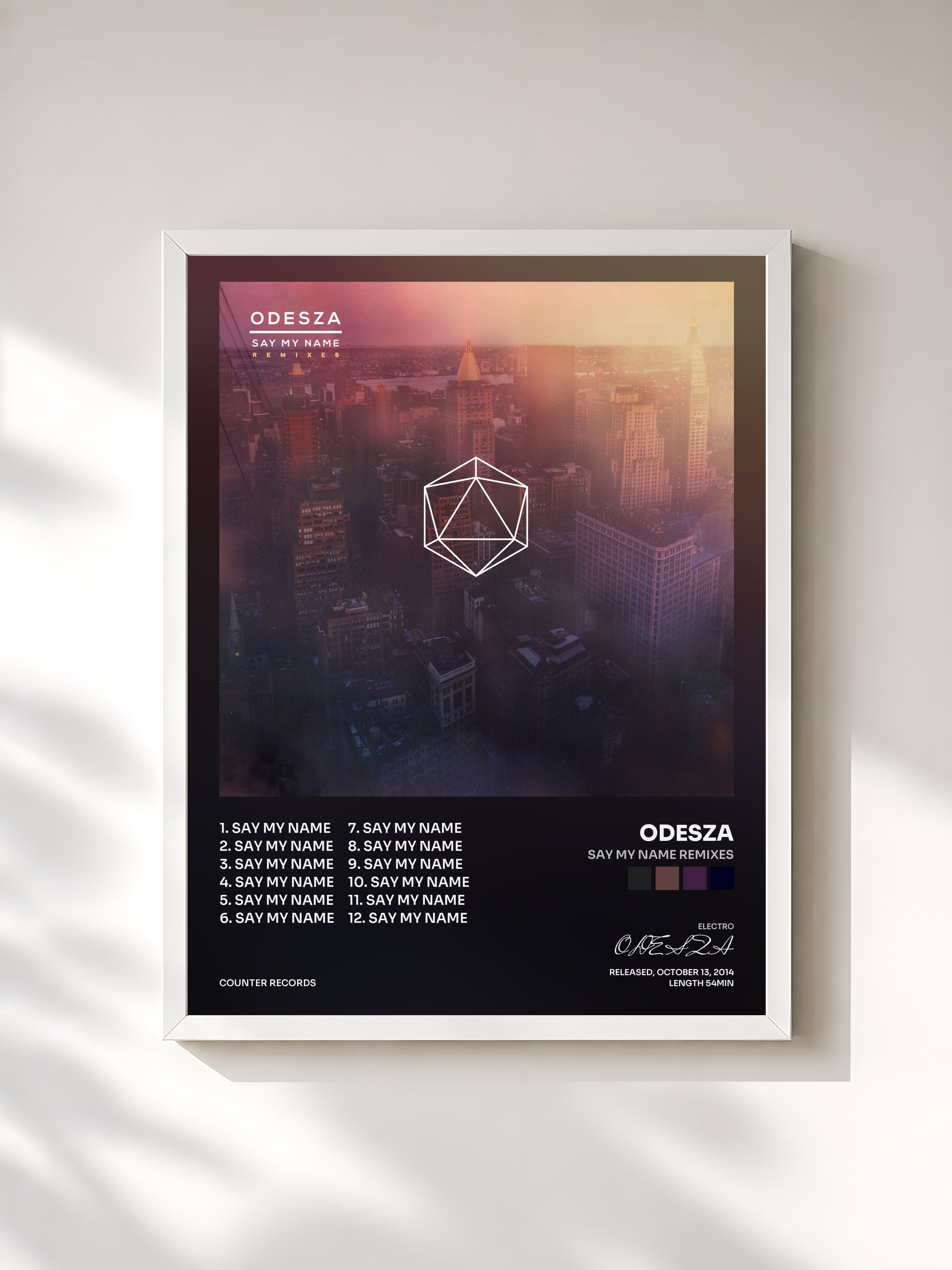 #blanc Tableau de l'album Say My Name Remixes de ODESZA, cadre blanc, imprimé et encadré en France