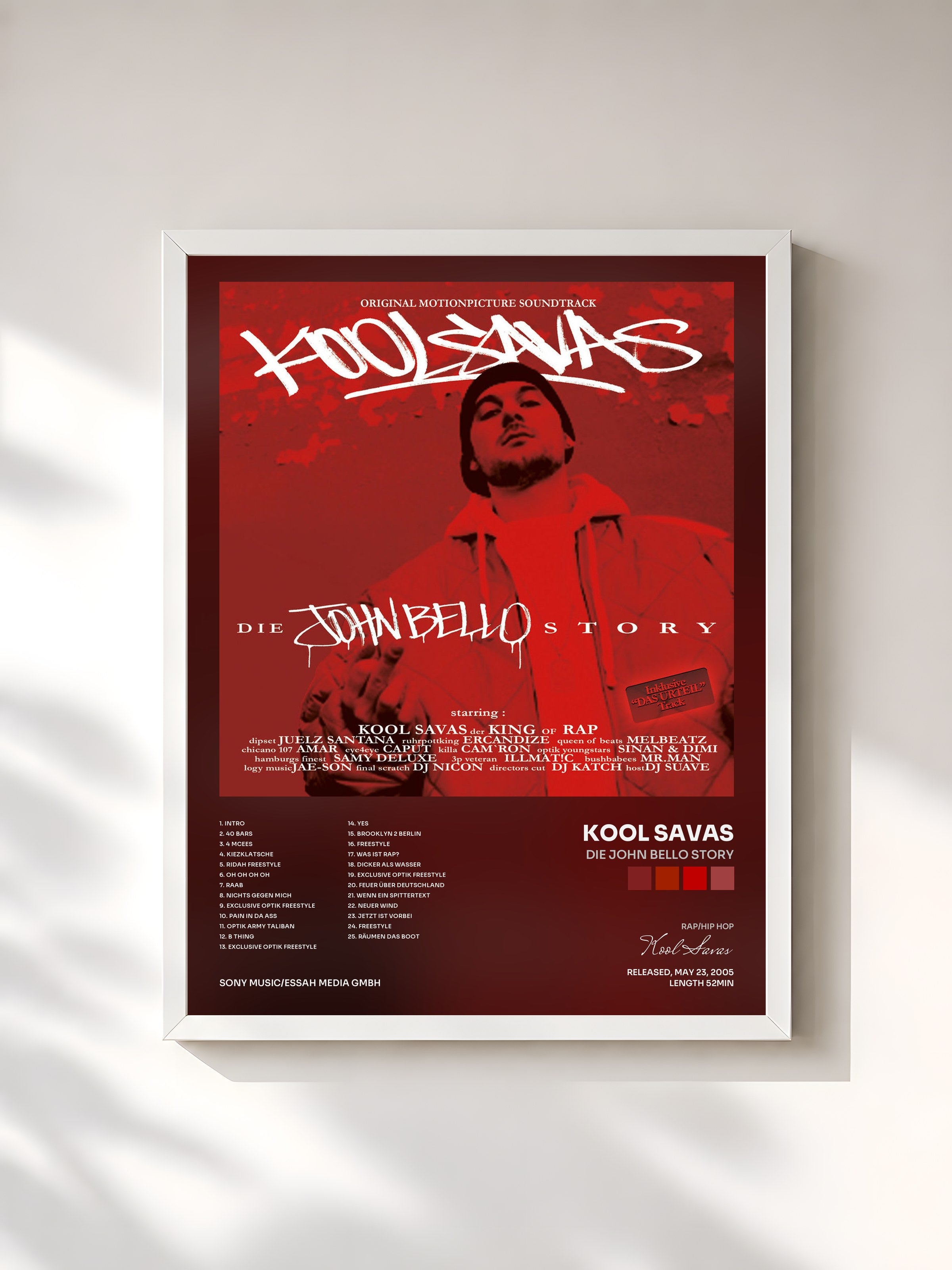 #blanc Tableau de l'album Die John Bello Story de Kool Savas, cadre blanc, imprimé et encadré en France