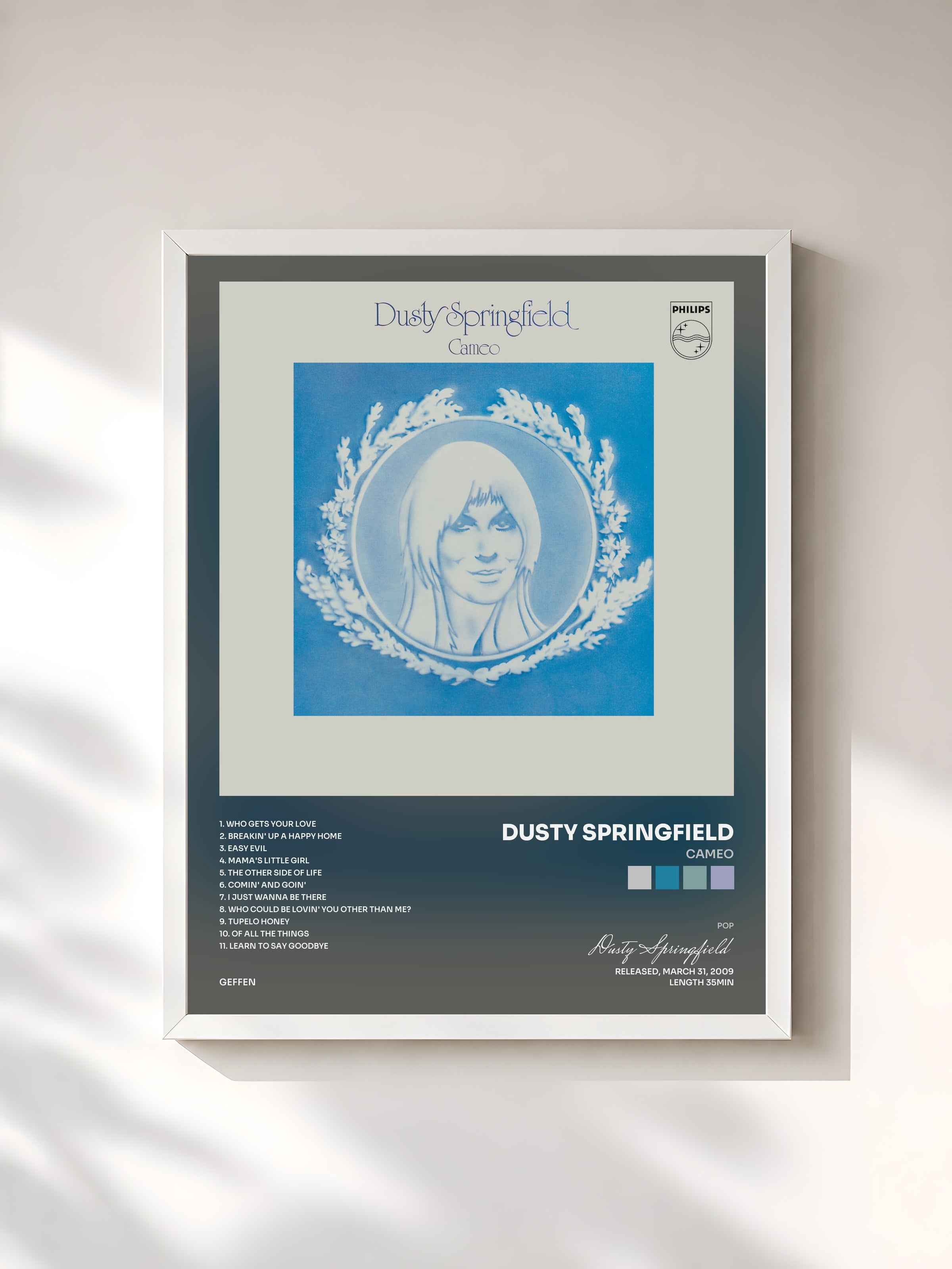 #blanc Tableau de l'album Cameo de Dusty Springfield, cadre blanc, imprimé et encadré en France