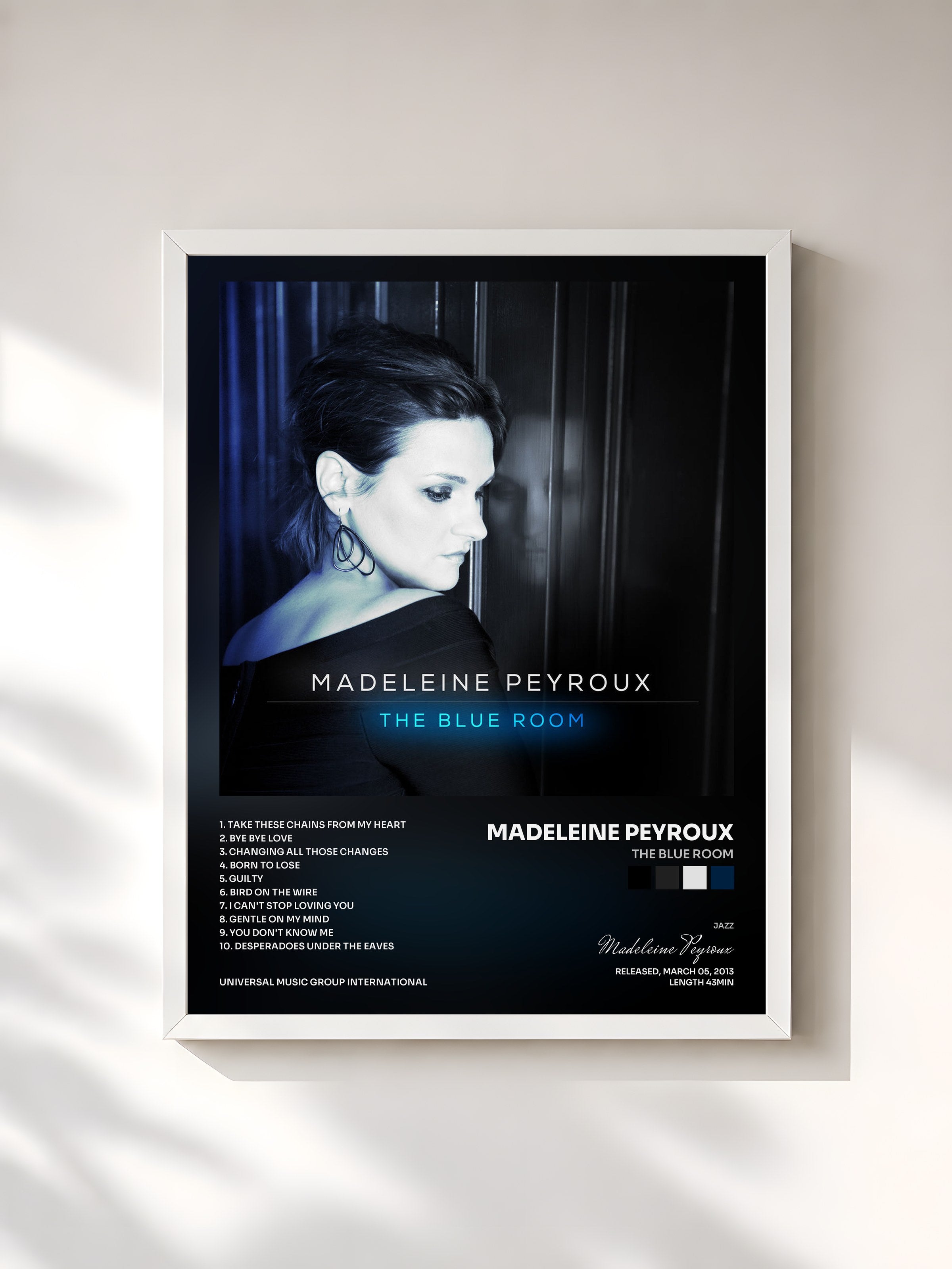 #blanc Tableau de l'album The Blue Room de Madeleine Peyroux, cadre blanc, imprimé et encadré en France