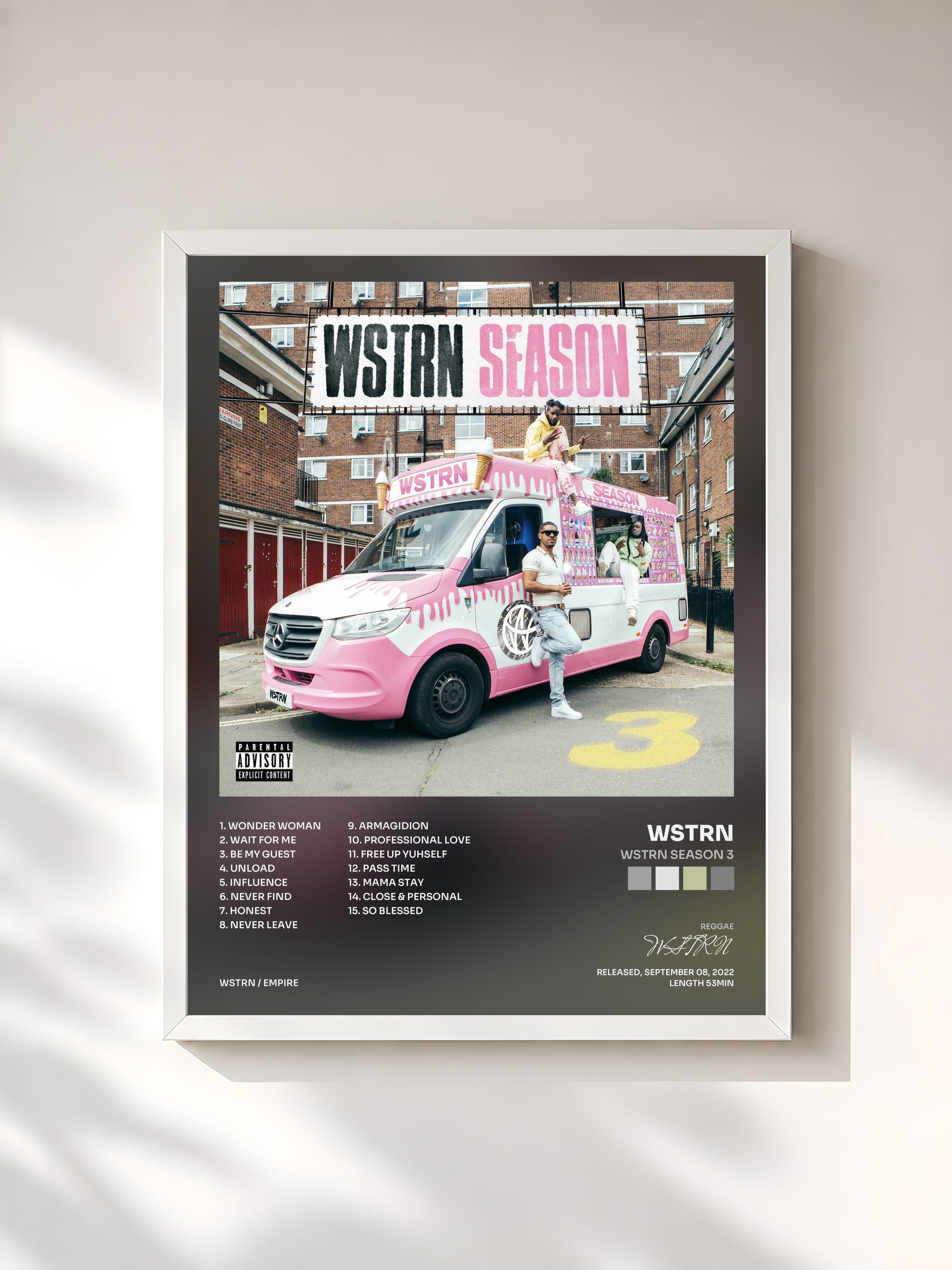 #blanc Tableau de l'album WSTRN Season 3 de WSTRN, cadre blanc, imprimé et encadré en France