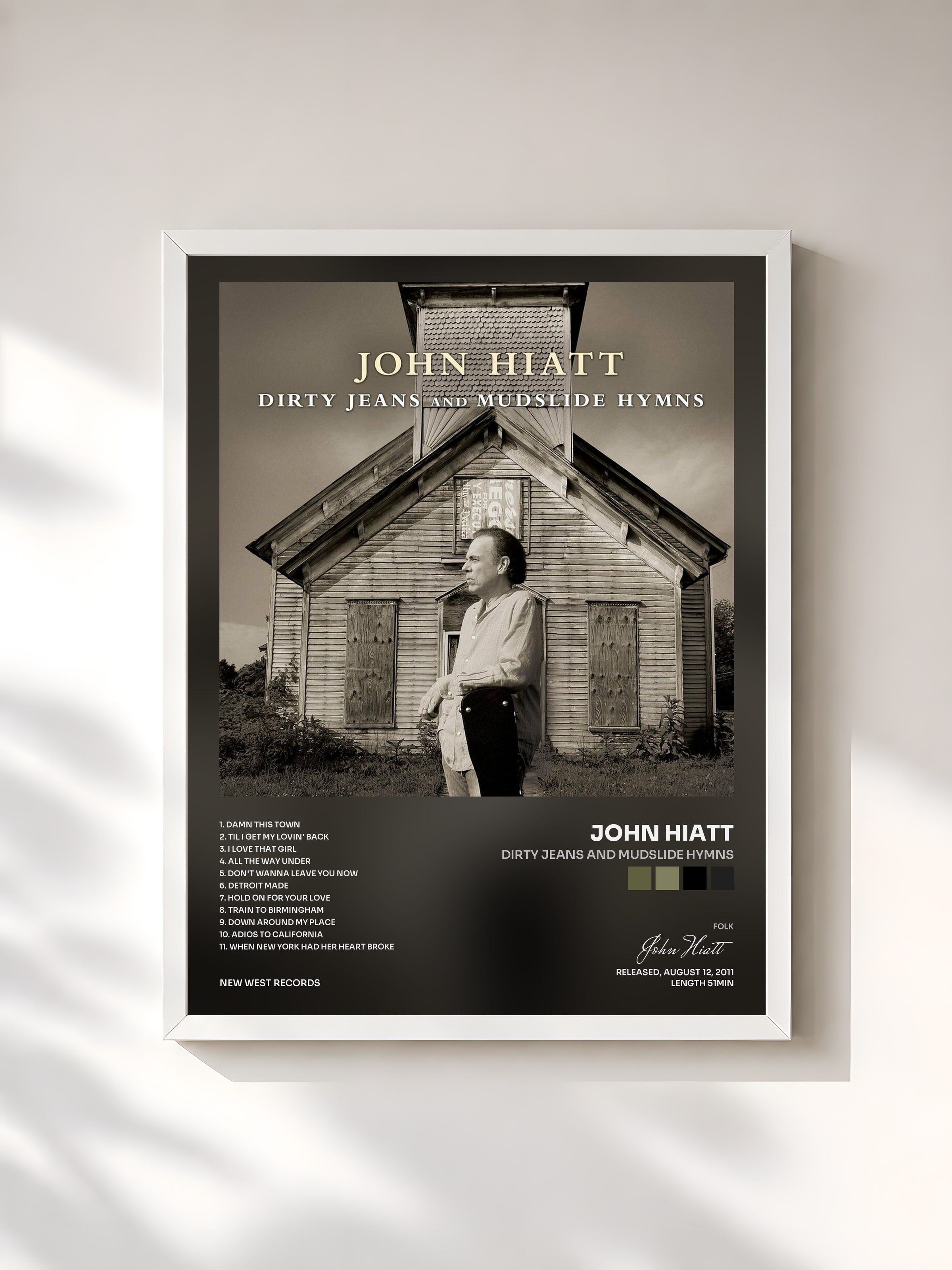 #blanc Tableau de l'album Dirty Jeans and Mudslide Hymns de John Hiatt, cadre blanc, imprimé et encadré en France