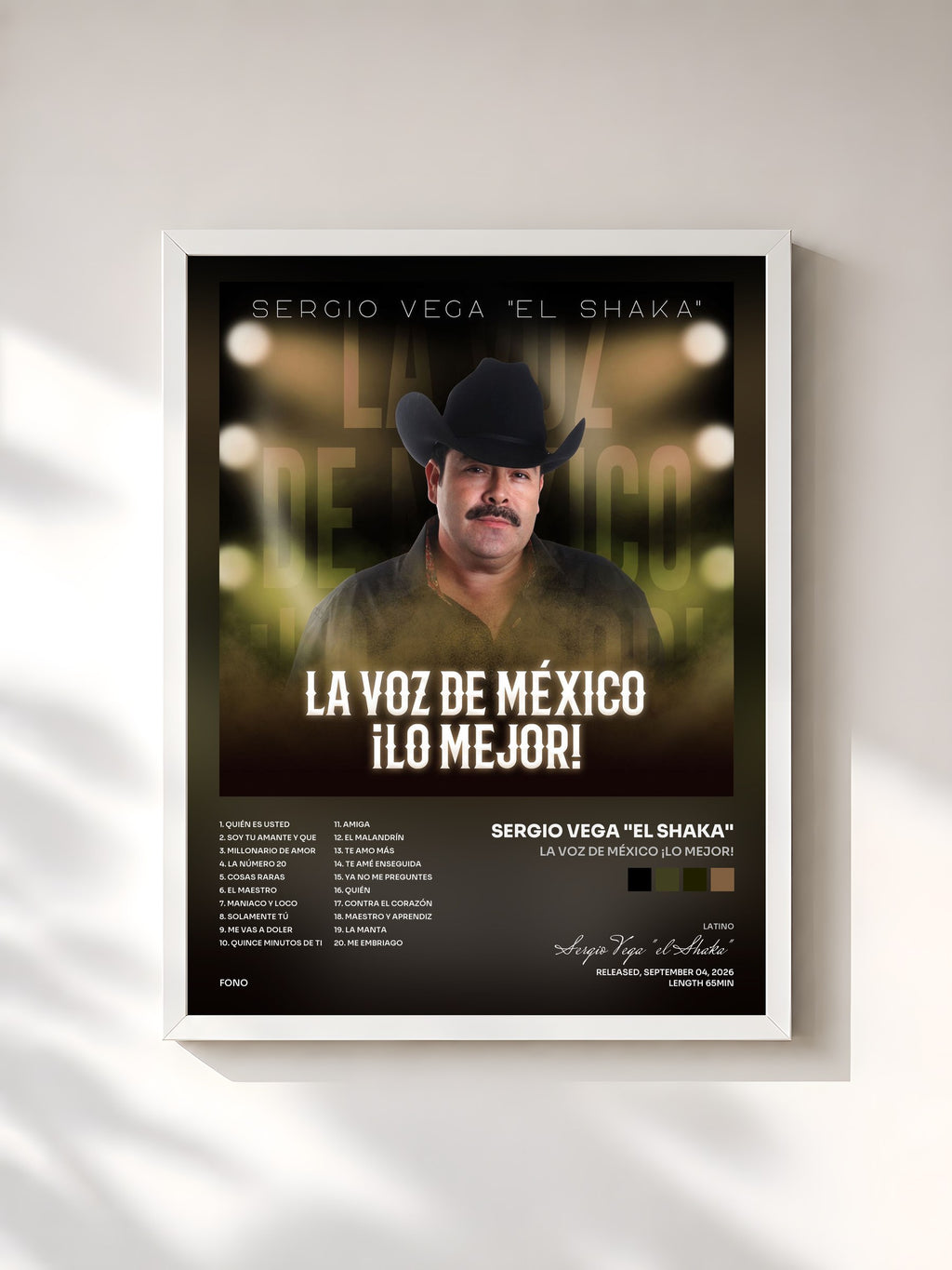 #blanc Tableau de l'album La Voz De México ¡Lo Mejor! de Sergio Vega "el Shaka", cadre blanc, imprimé et encadré en France
