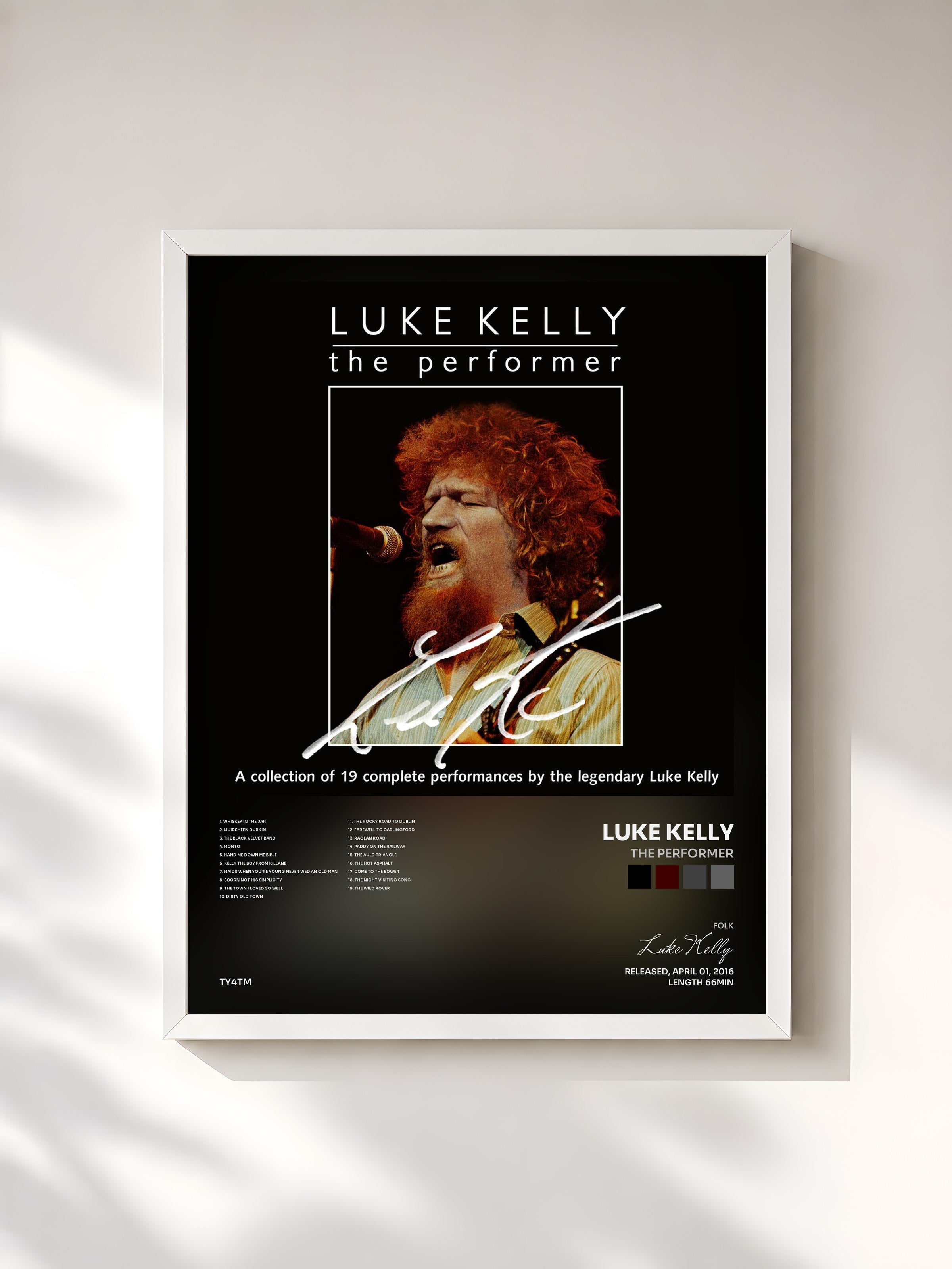 #blanc Tableau de l'album The Performer de Luke Kelly, cadre blanc, imprimé et encadré en France