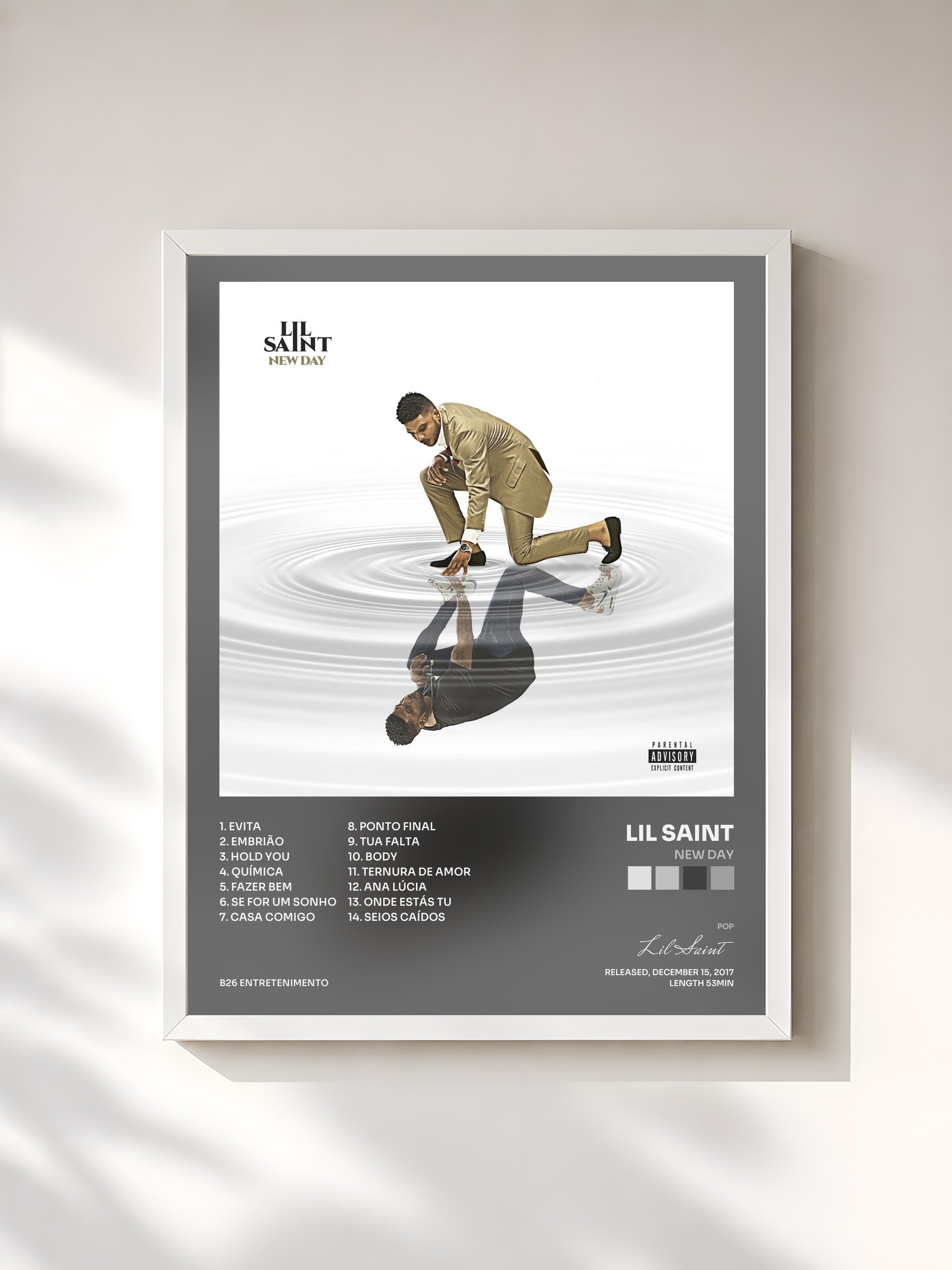 #blanc Tableau de l'album New Day de Lil Saint, cadre blanc, imprimé et encadré en France