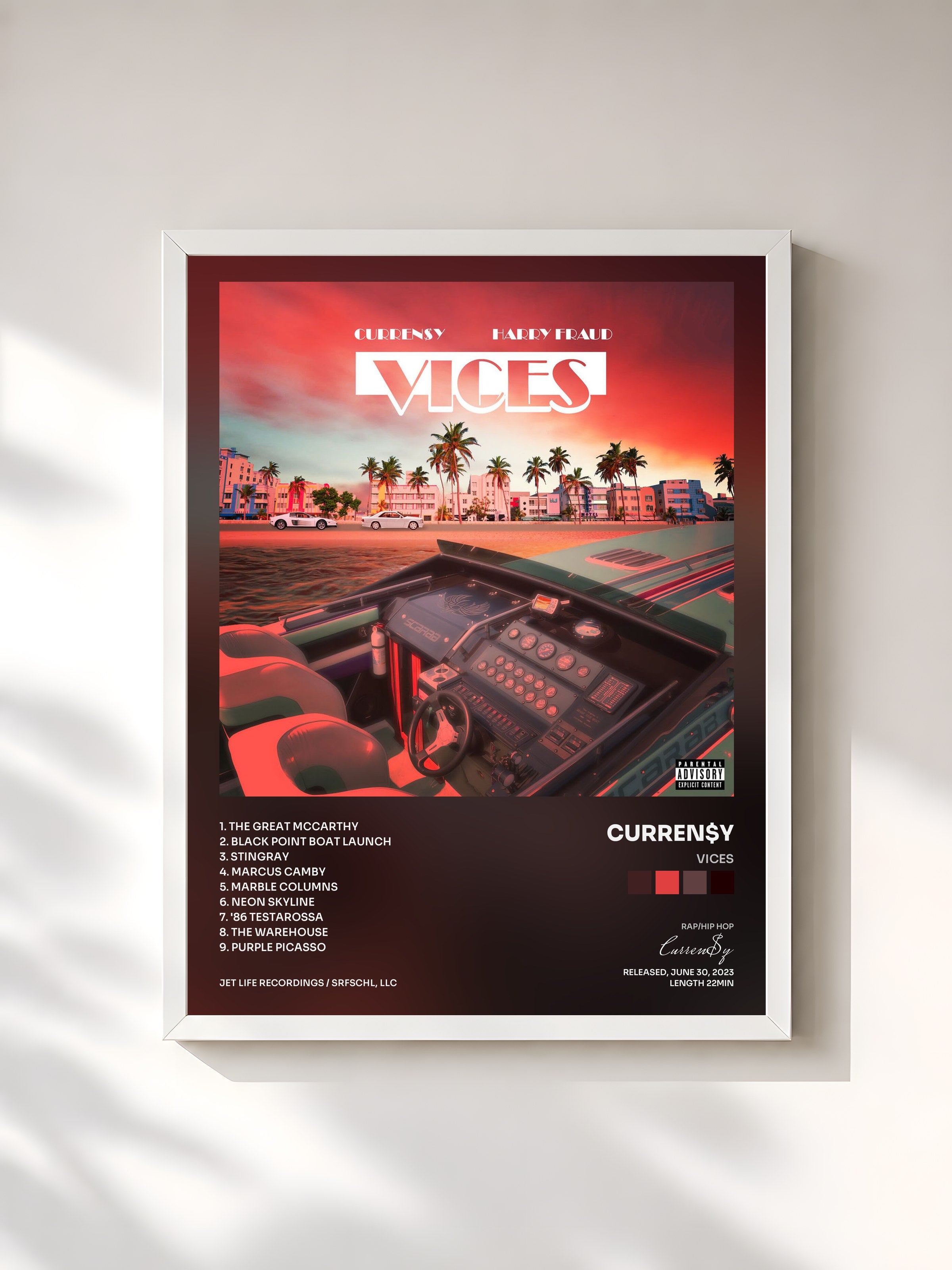 #blanc Tableau de l'album VICES de Curren$y, cadre blanc, imprimé et encadré en France