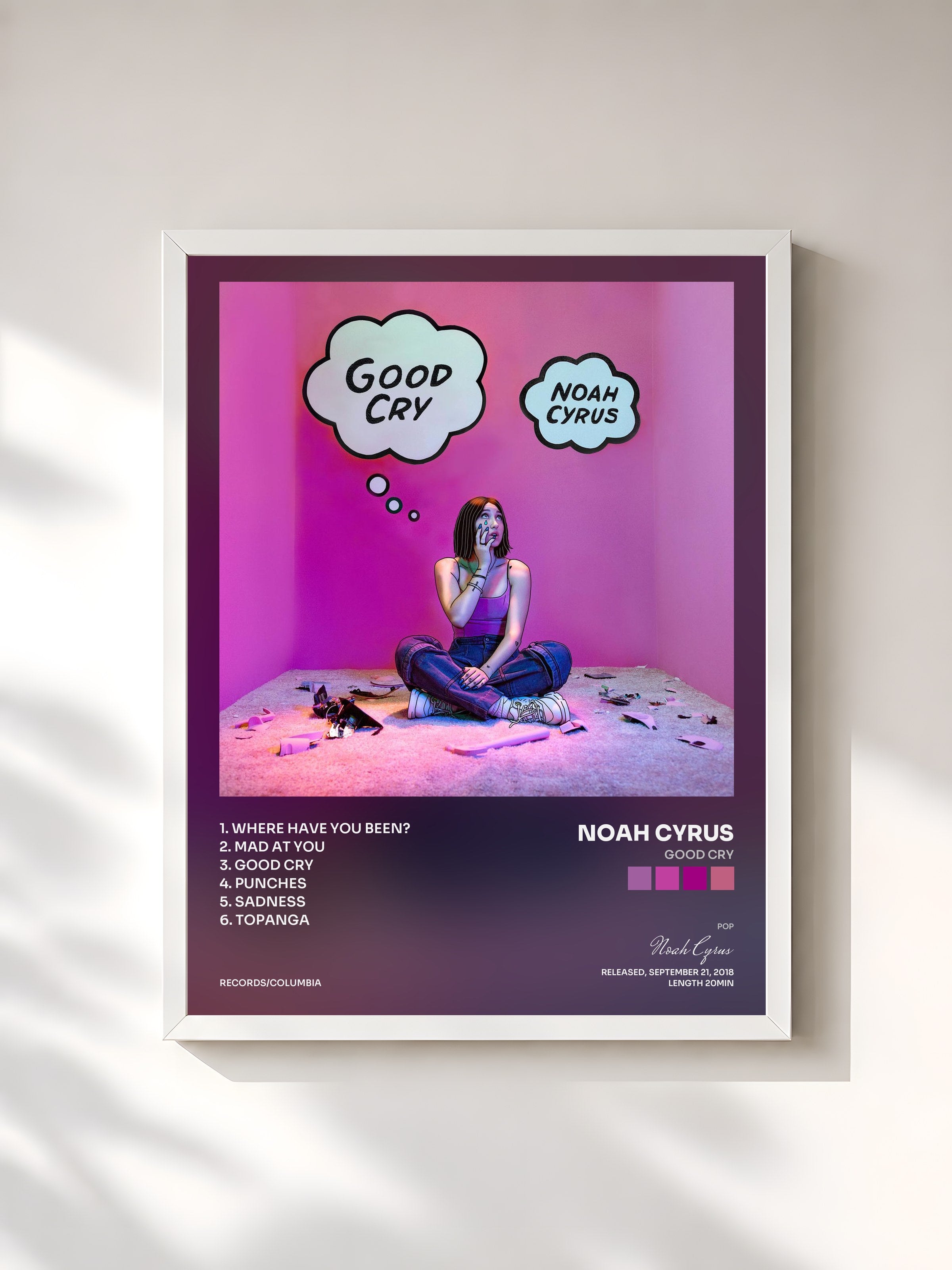 #blanc Tableau de l'album Good Cry de Noah Cyrus, cadre blanc, imprimé et encadré en France