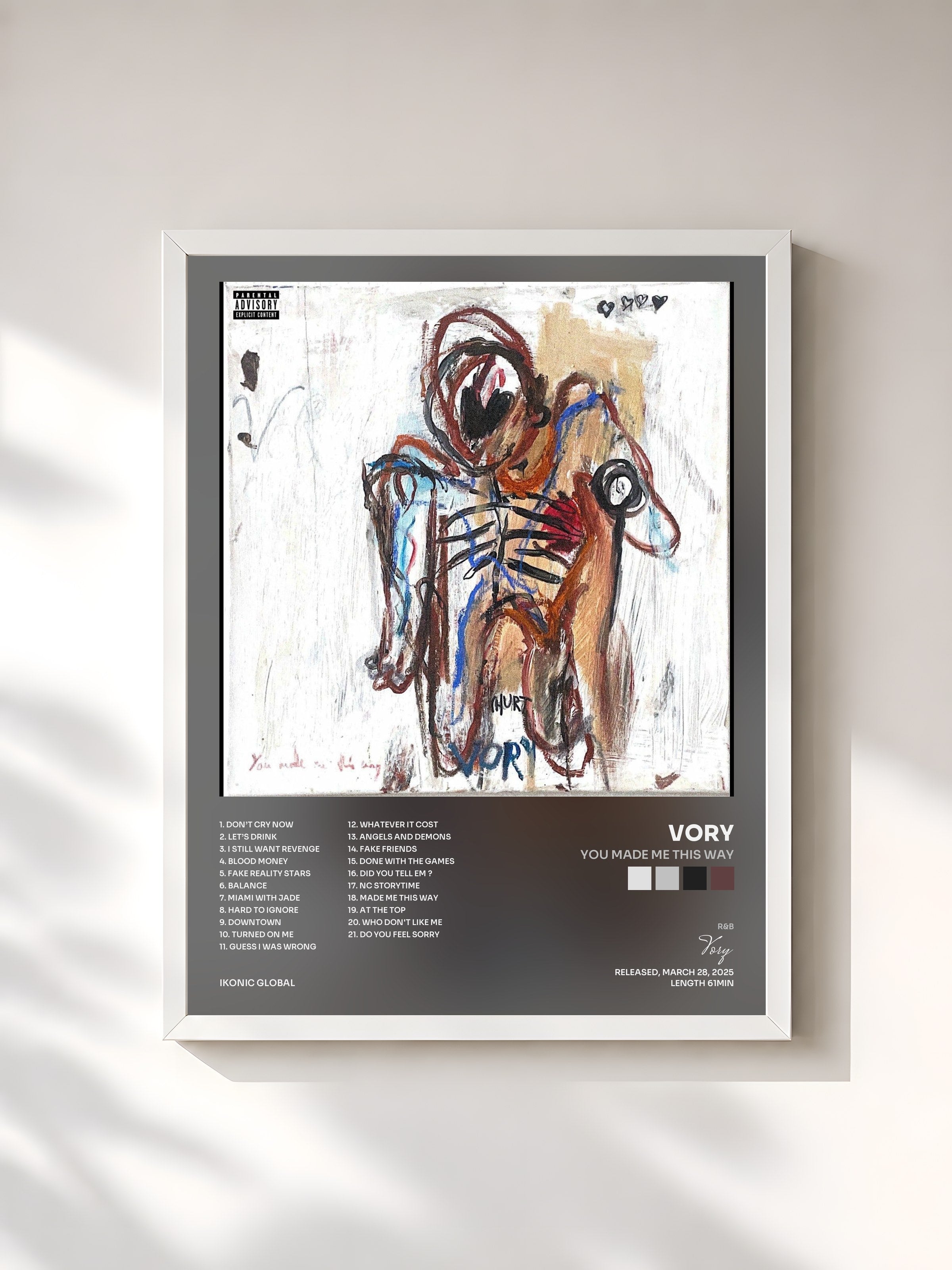 #blanc Tableau de l'album You Made Me This Way de Vory, cadre blanc, imprimé et encadré en France
