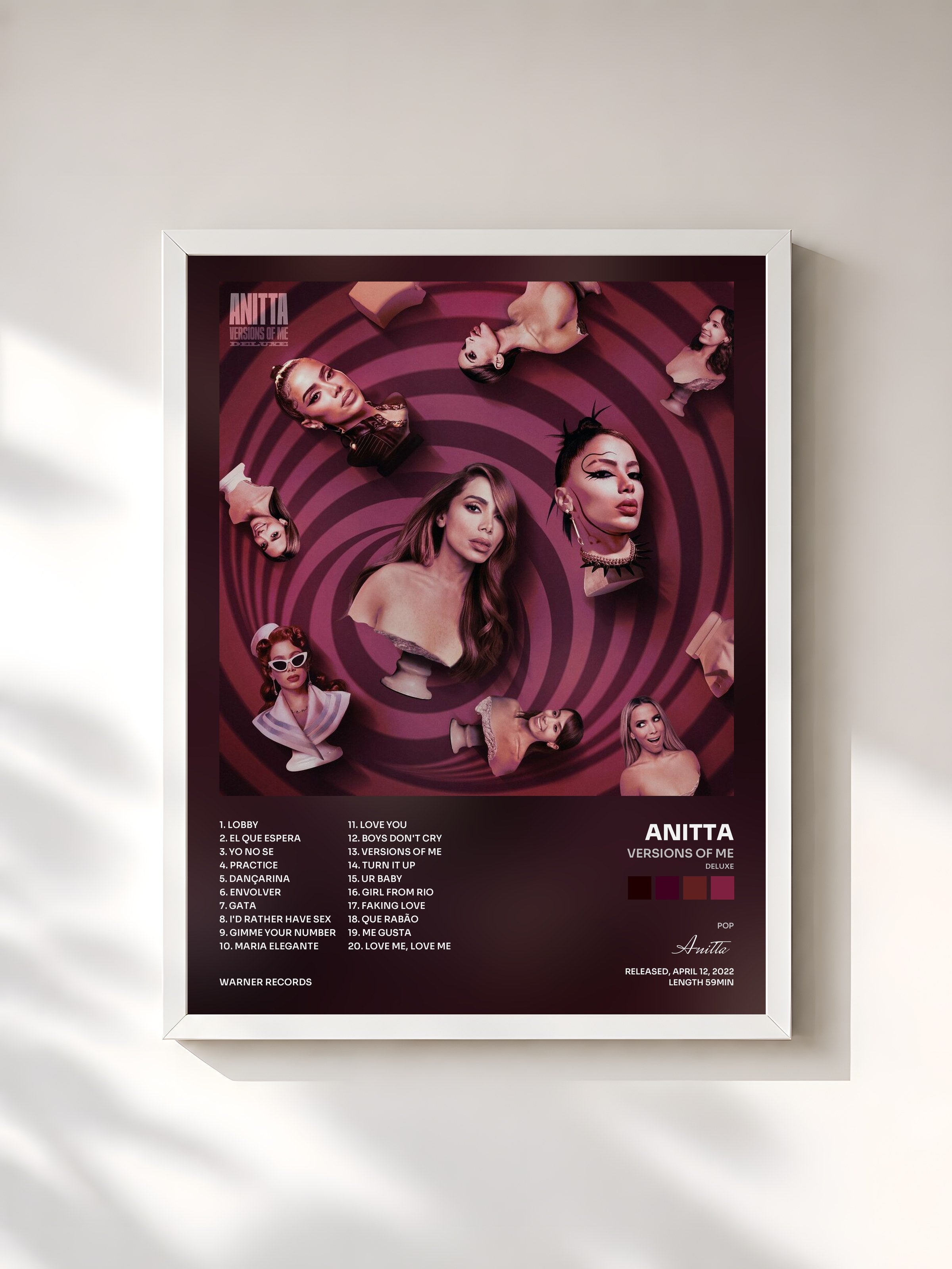 #blanc Tableau de l'album Versions of Me (Deluxe) de Anitta, cadre blanc, imprimé et encadré en France