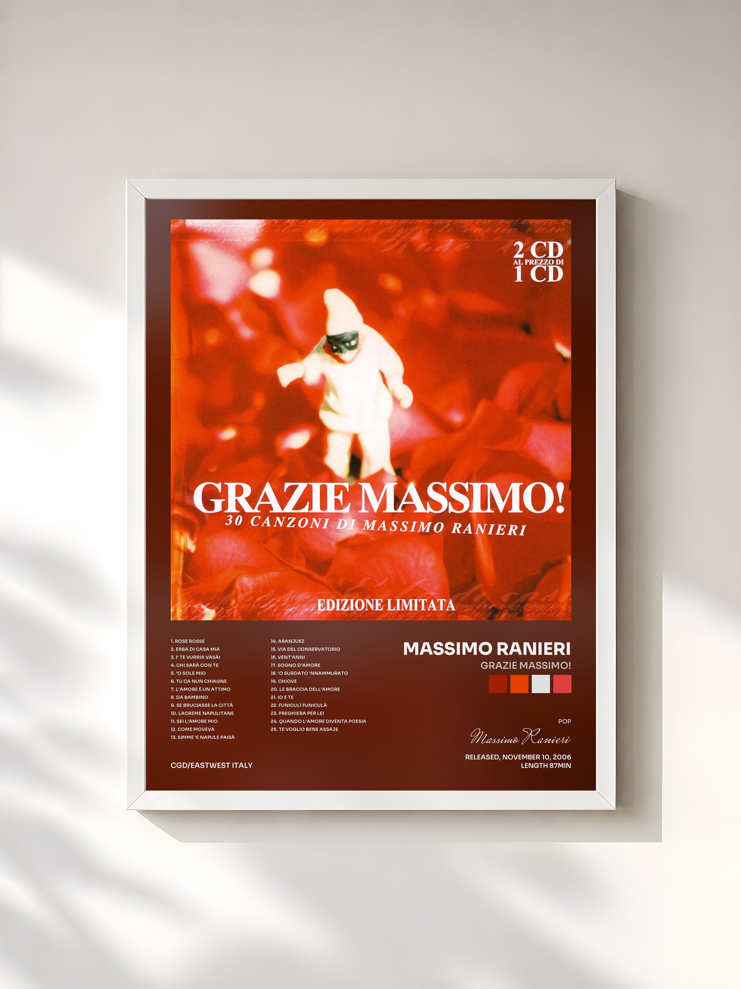 #blanc Tableau de l'album Grazie Massimo! de Massimo Ranieri, cadre blanc, imprimé et encadré en France