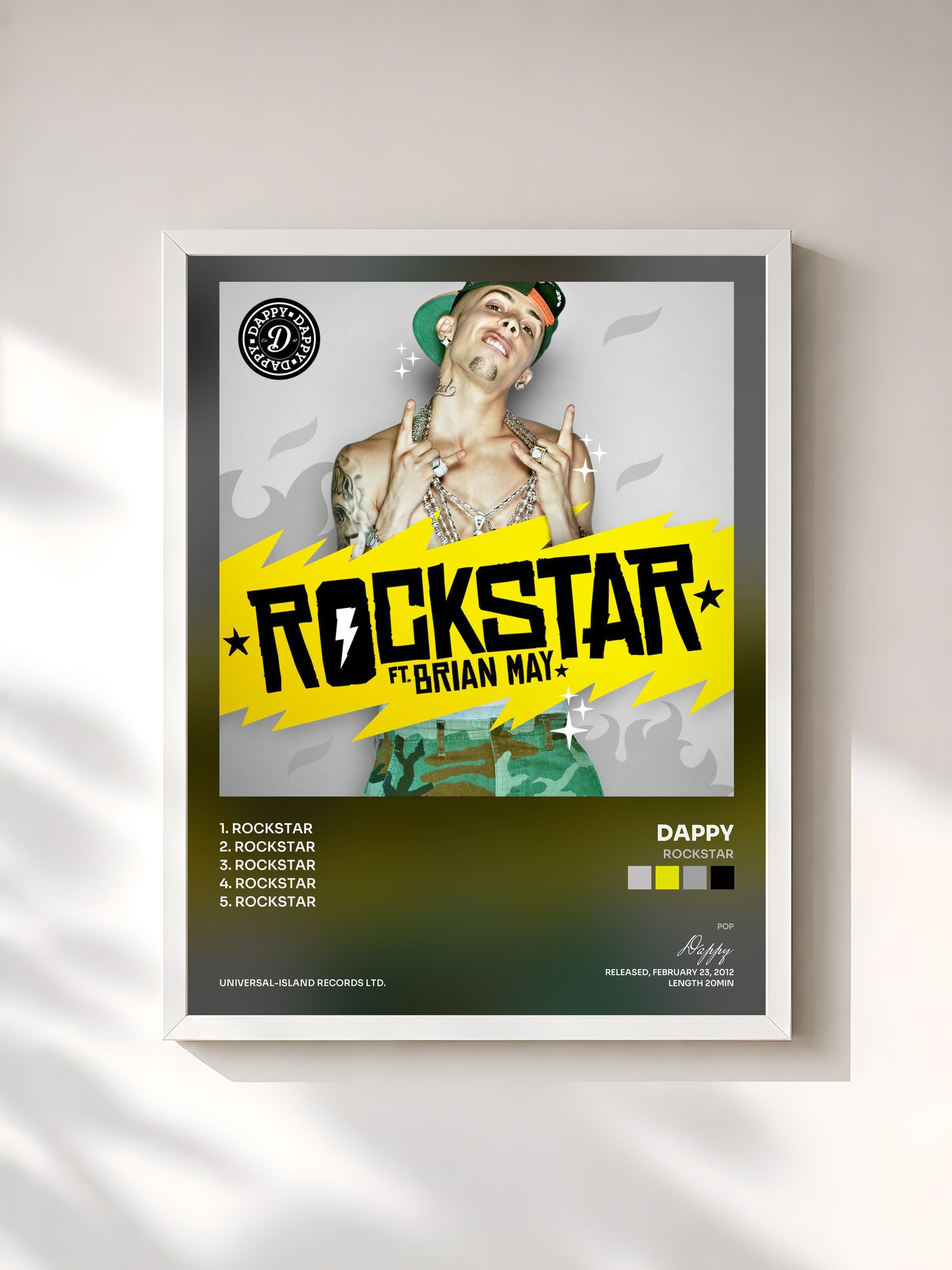 #blanc Tableau de l'album Rockstar de Dappy, cadre blanc, imprimé et encadré en France