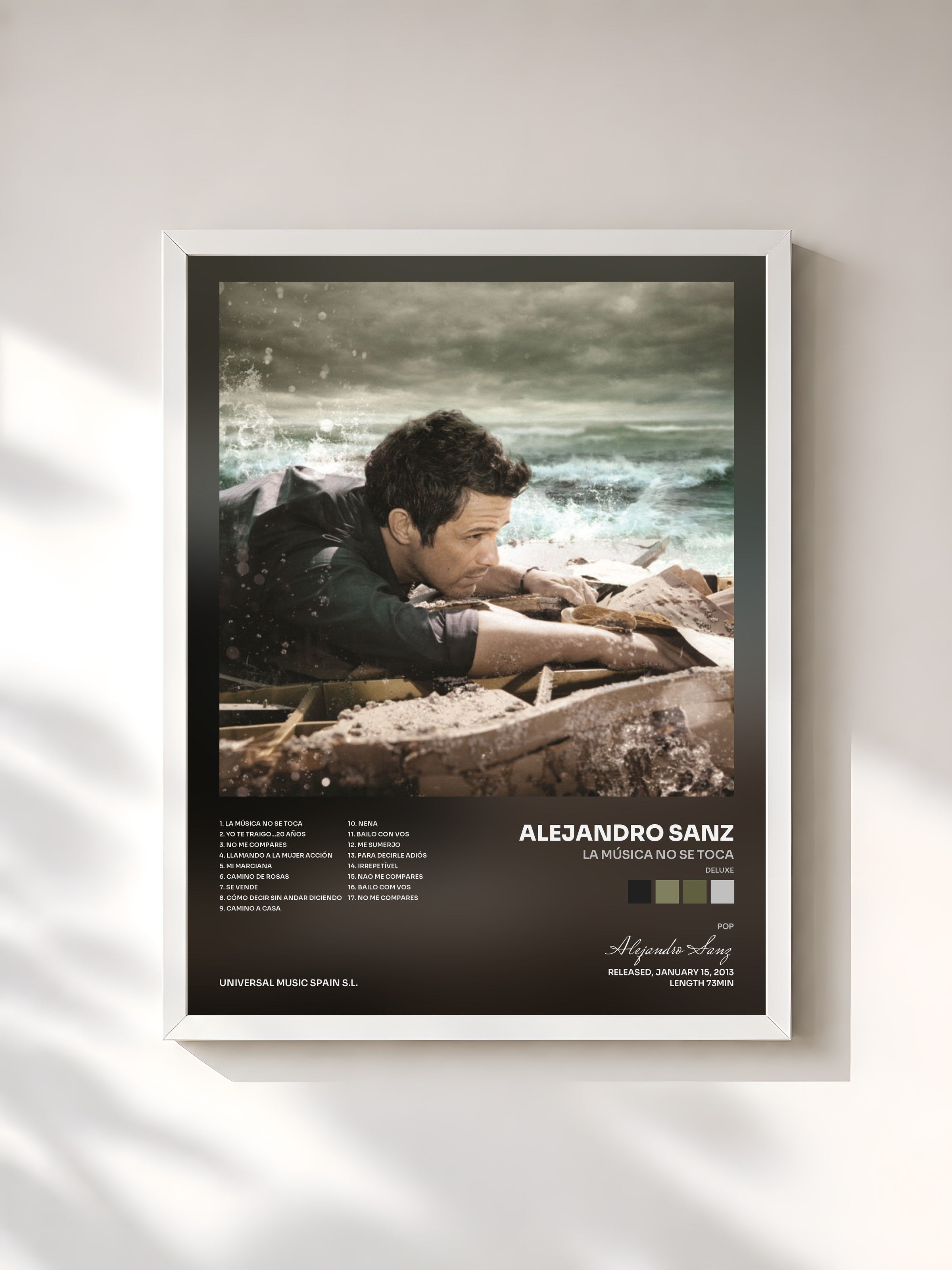 #blanc Tableau de l'album La Música No Se Toca (Deluxe) de Alejandro Sanz, cadre blanc, imprimé et encadré en France