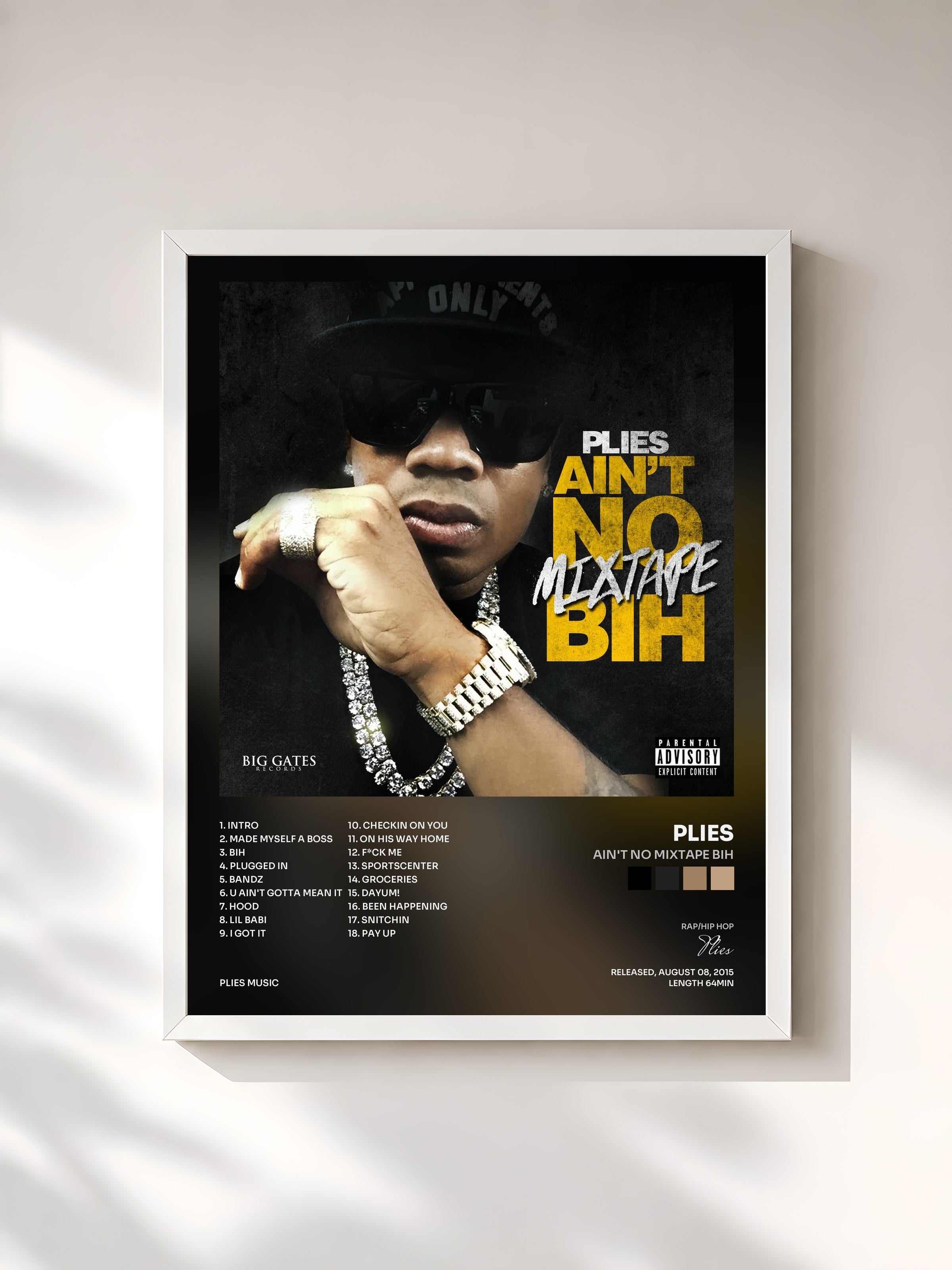 #blanc Tableau de l'album Ain't No Mixtape Bih de Plies, cadre blanc, imprimé et encadré en France
