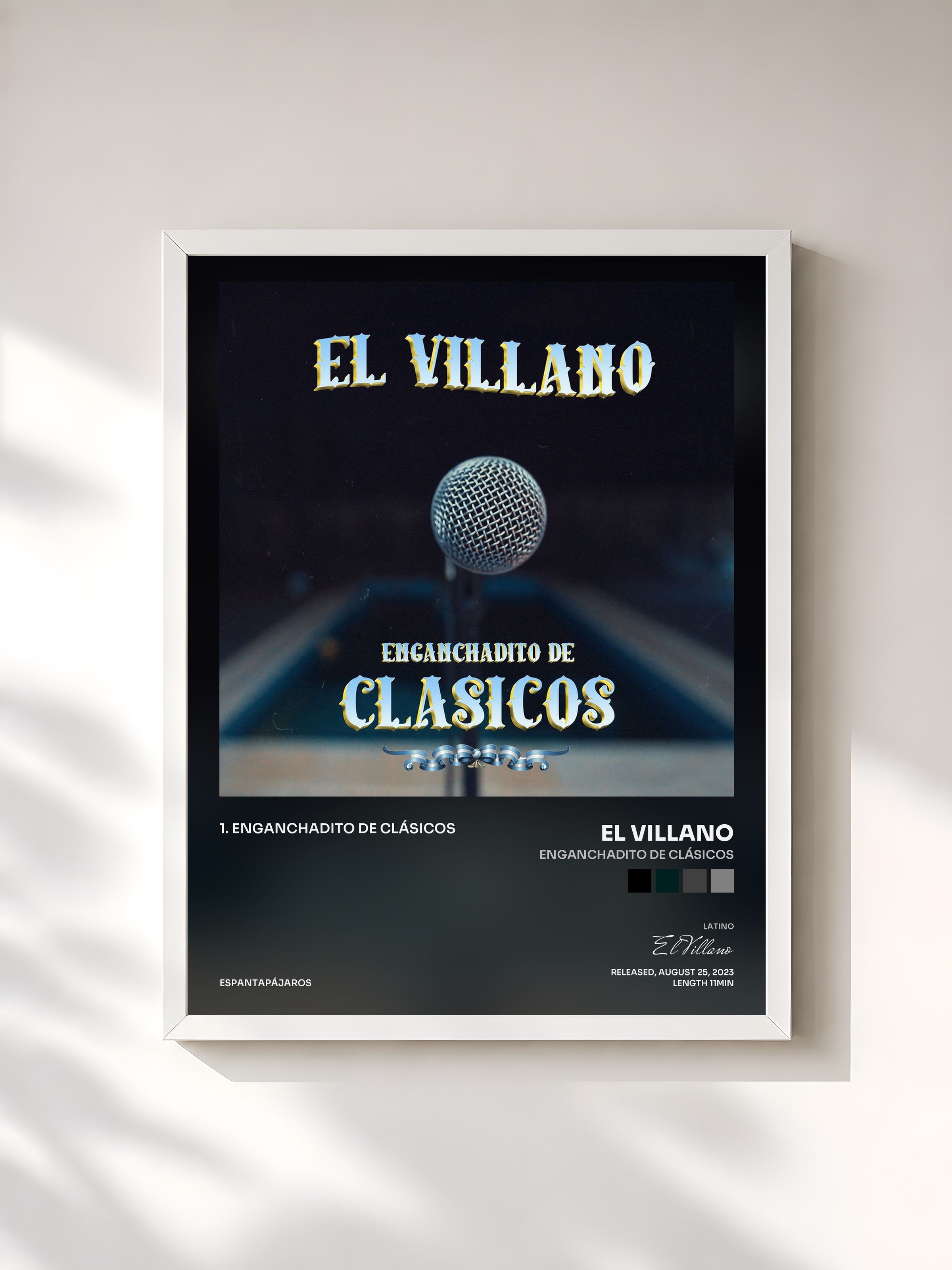 #blanc Tableau de l'album Enganchadito de clásicos de El Villano, cadre blanc, imprimé et encadré en France