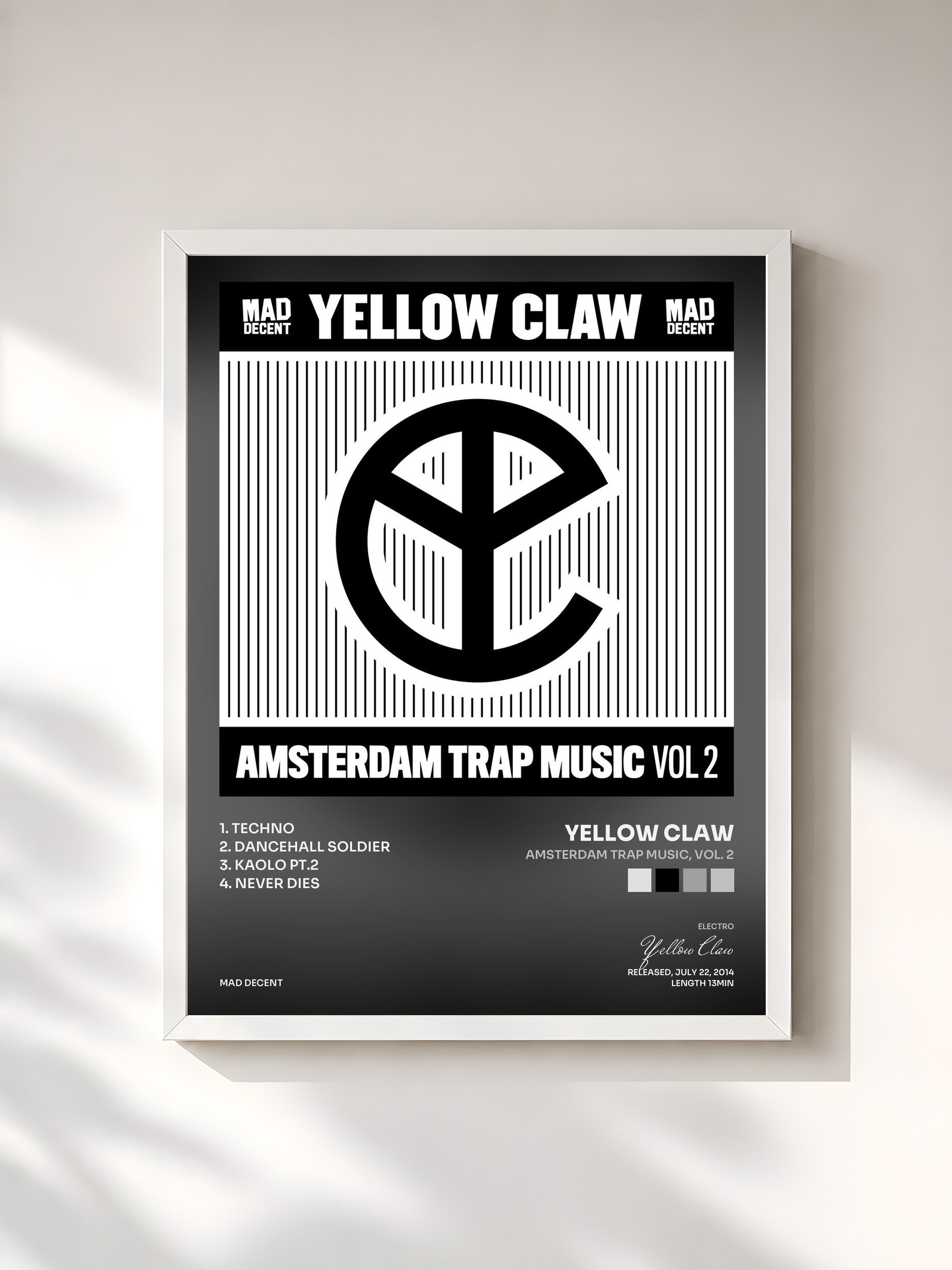 #blanc Tableau de l'album Amsterdam Trap Music, Vol. 2 de Yellow Claw, cadre blanc, imprimé et encadré en France