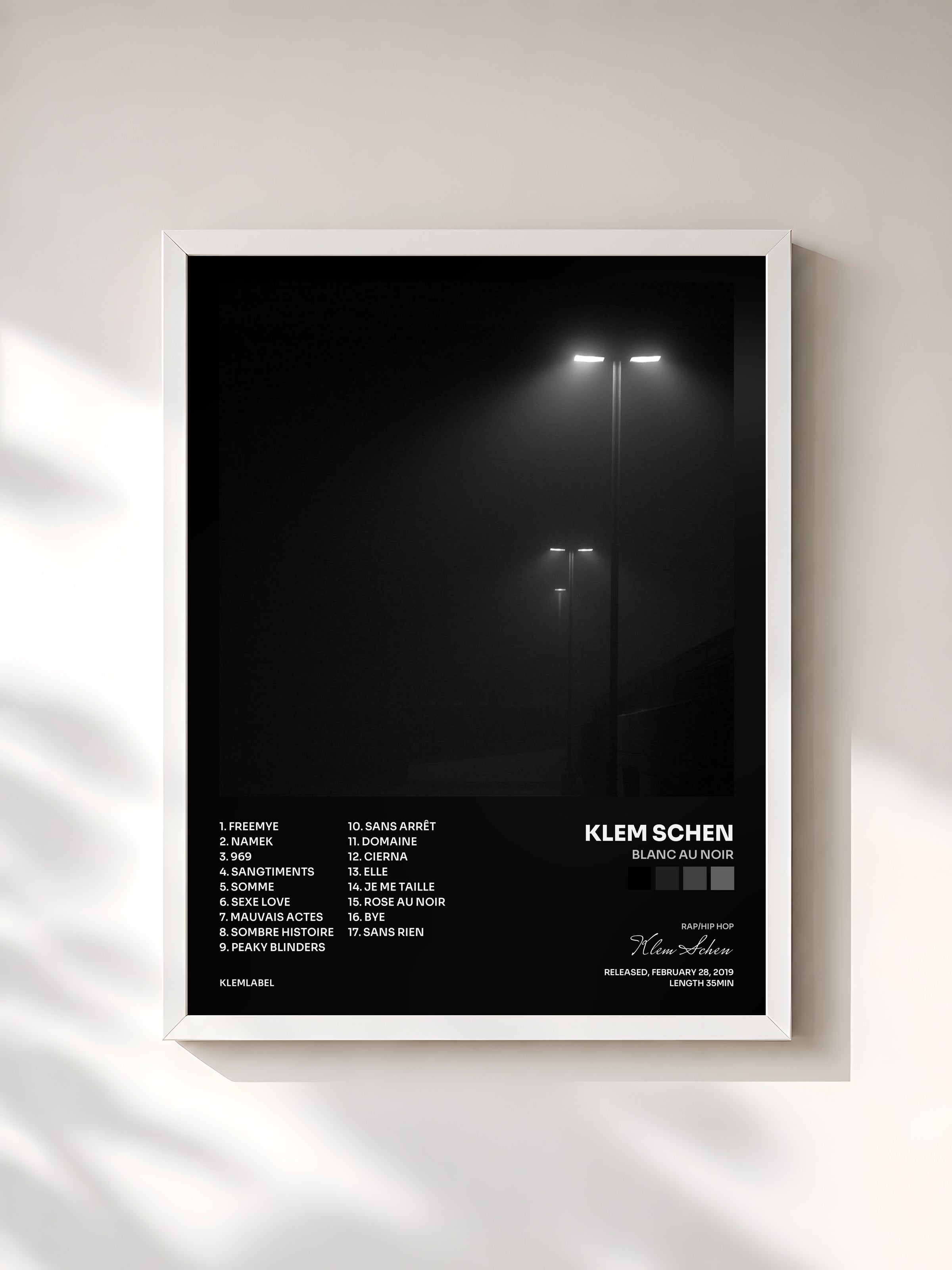 #blanc Tableau de l'album Blanc au Noir de Klem Schen, cadre blanc, imprimé et encadré en France