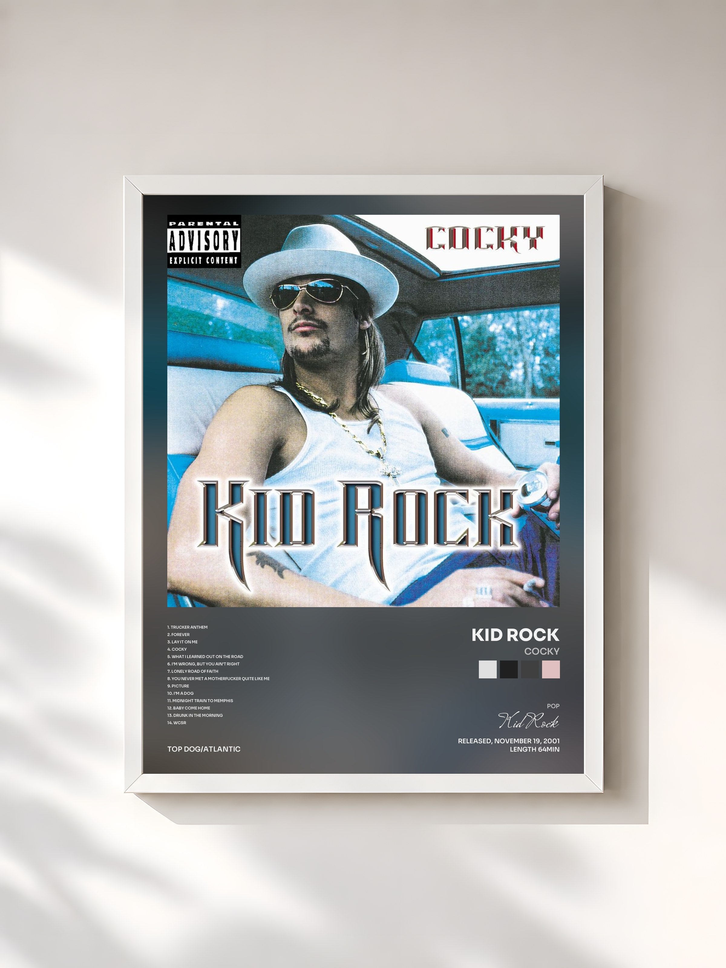 #blanc Tableau de l'album Cocky de Kid Rock, cadre blanc, imprimé et encadré en France