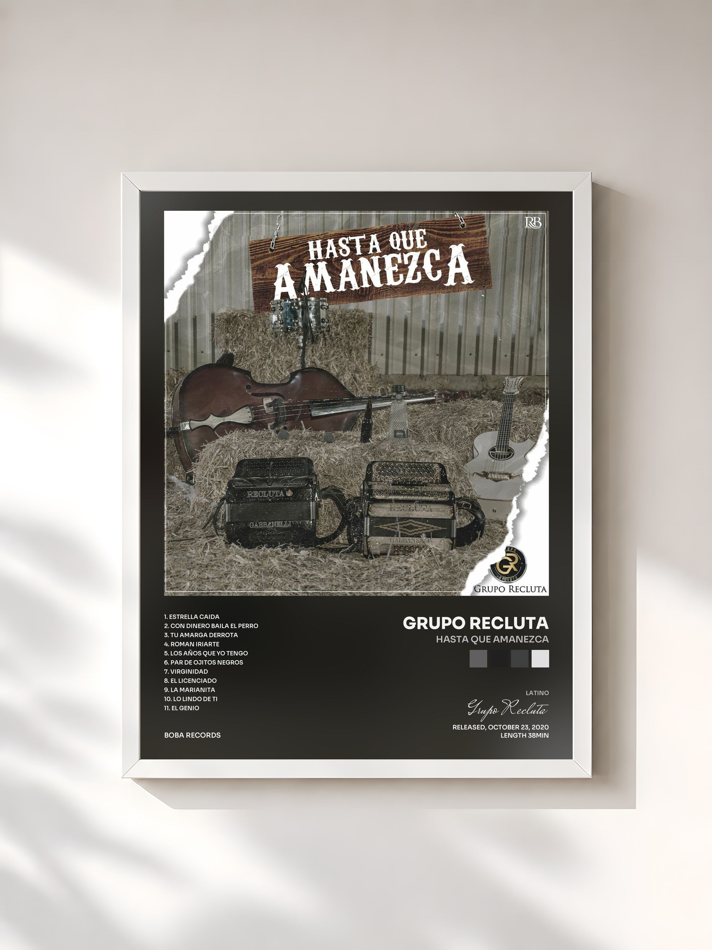 #blanc Tableau de l'album Hasta Que Amanezca de Grupo Recluta, cadre blanc, imprimé et encadré en France