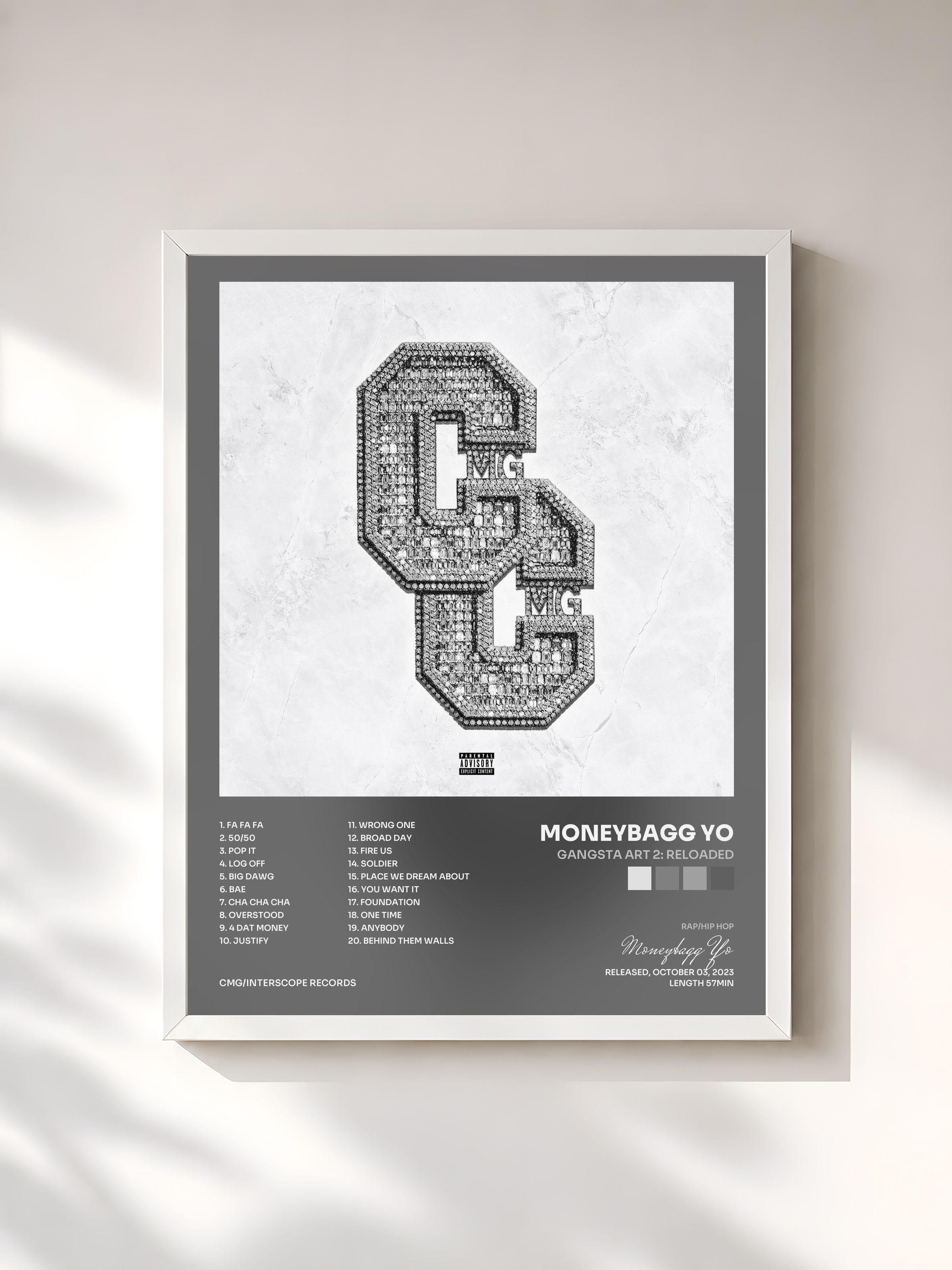 #blanc Tableau de l'album Gangsta Art 2: Reloaded de Moneybagg Yo, cadre blanc, imprimé et encadré en France