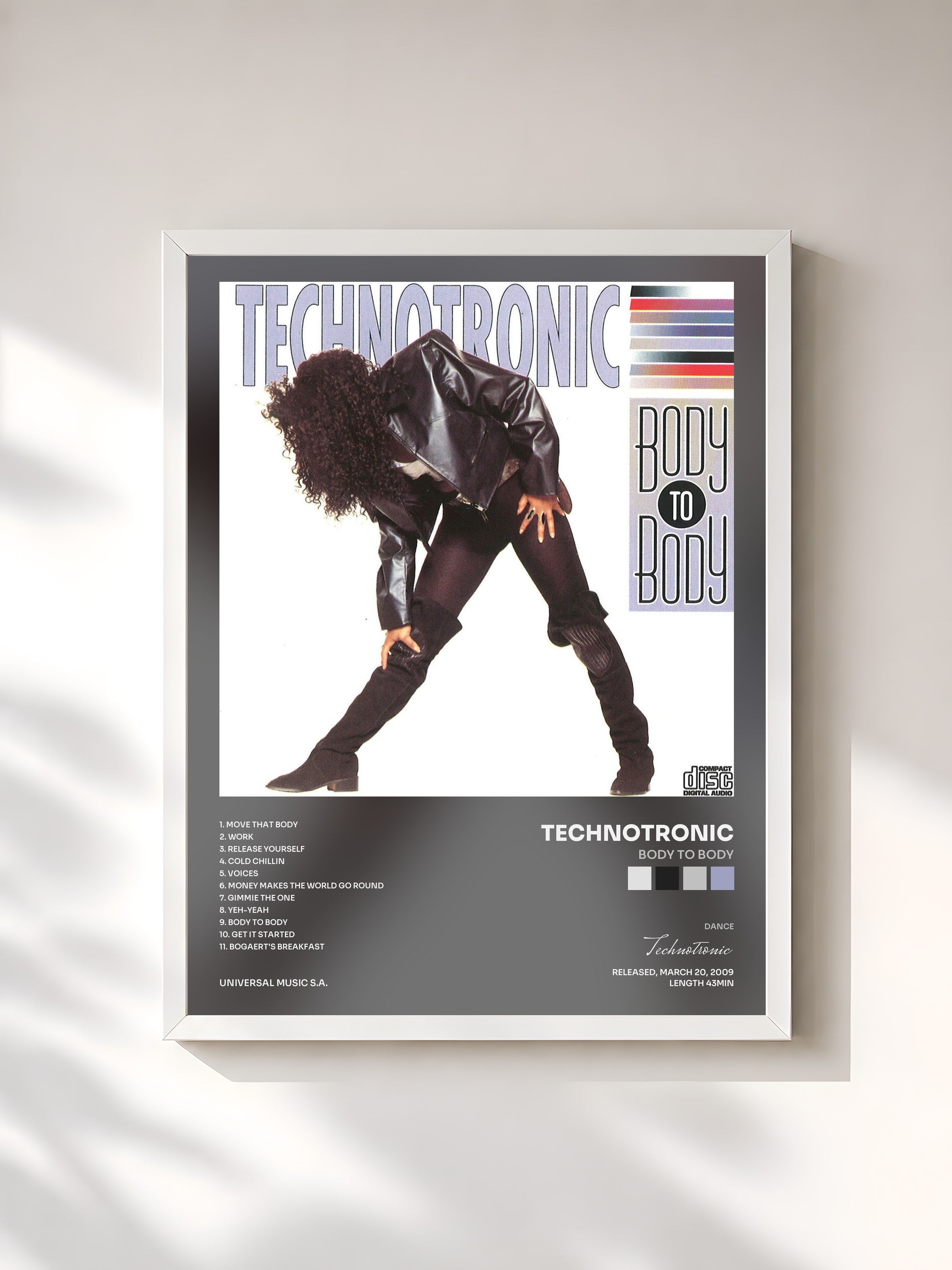 #blanc Tableau de l'album Body To Body de Technotronic, cadre blanc, imprimé et encadré en France