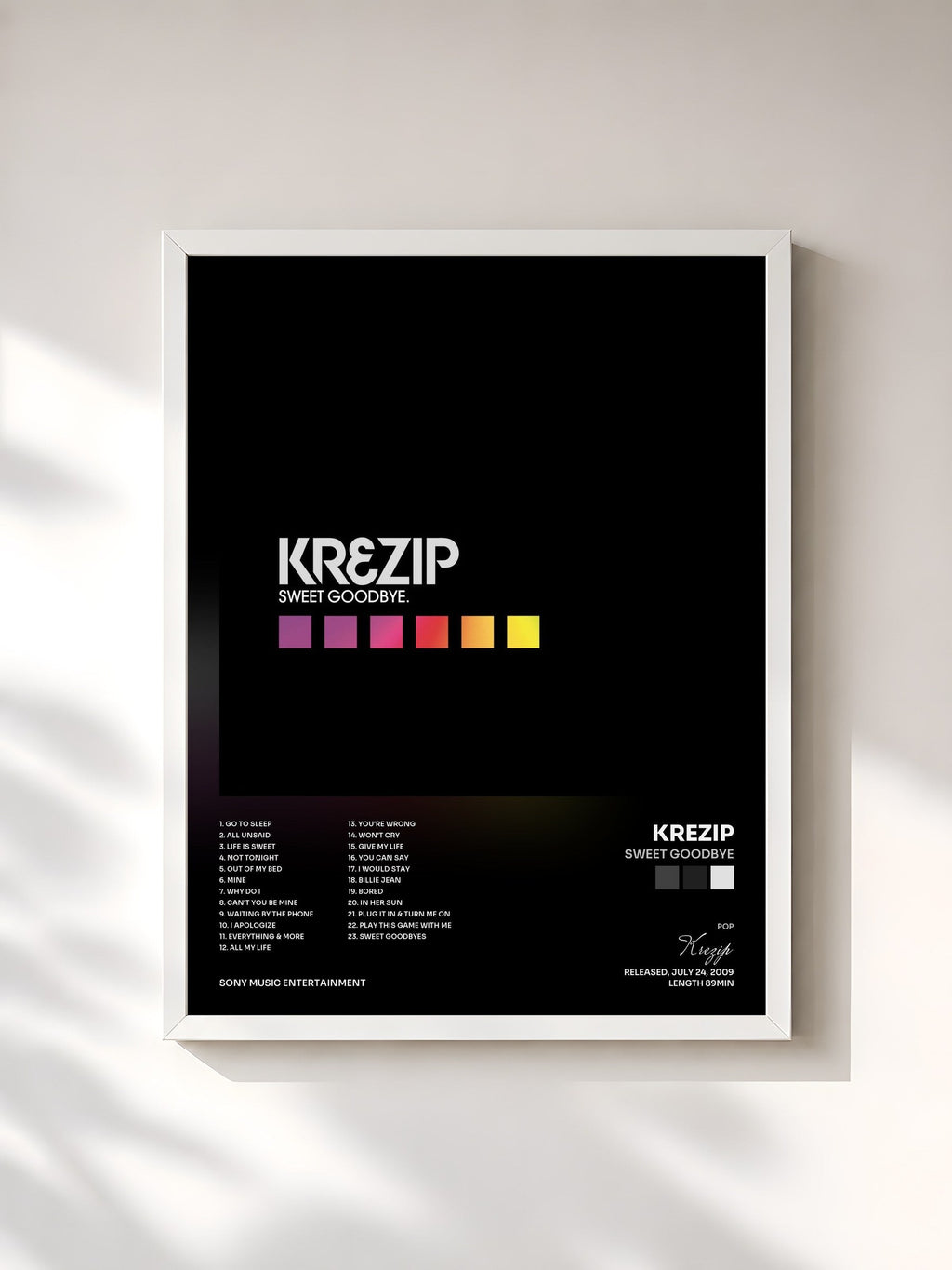 #blanc Tableau de l'album Sweet Goodbye de Krezip, cadre blanc, imprimé et encadré en France