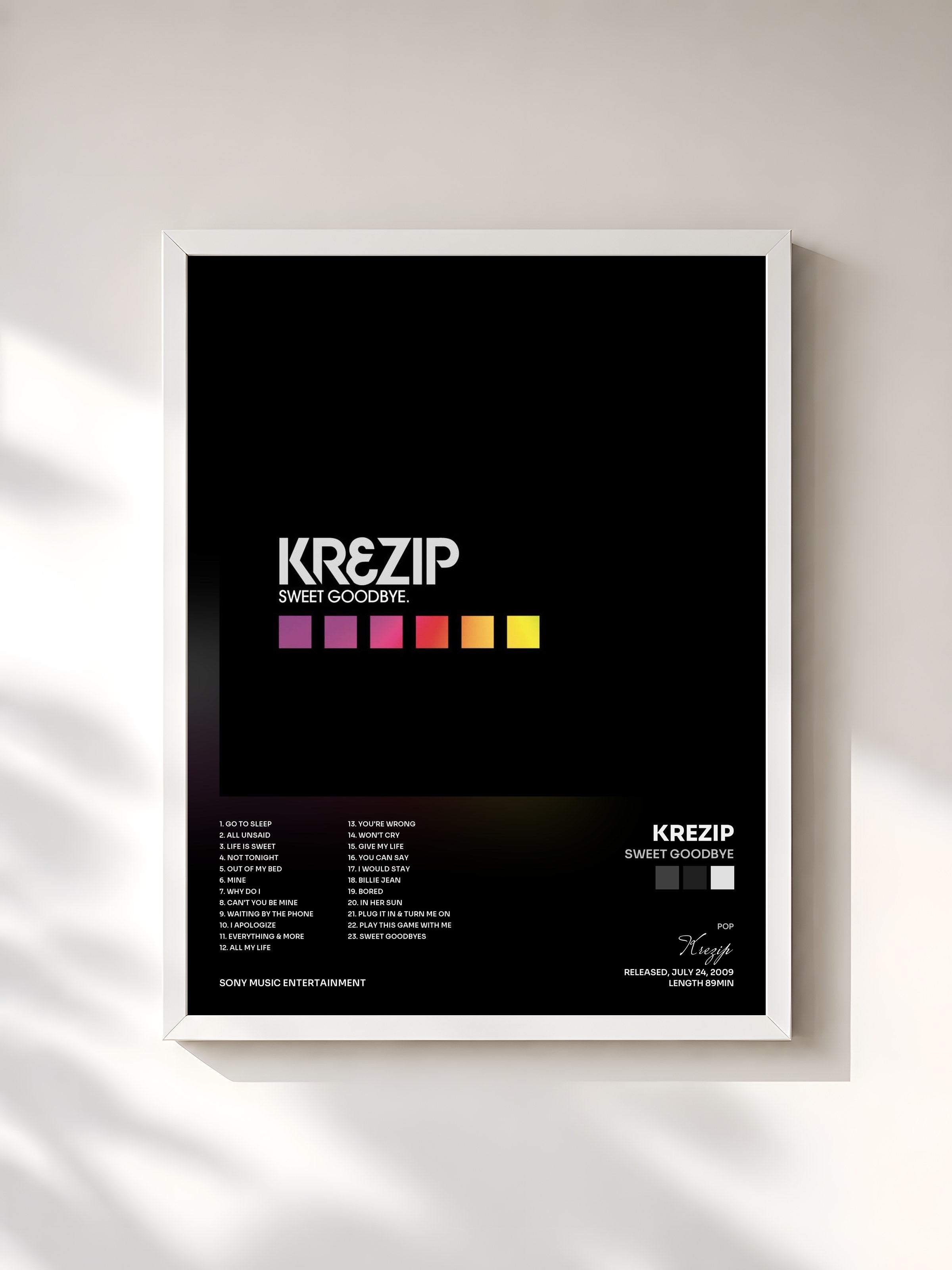 #blanc Tableau de l'album Sweet Goodbye de Krezip, cadre blanc, imprimé et encadré en France