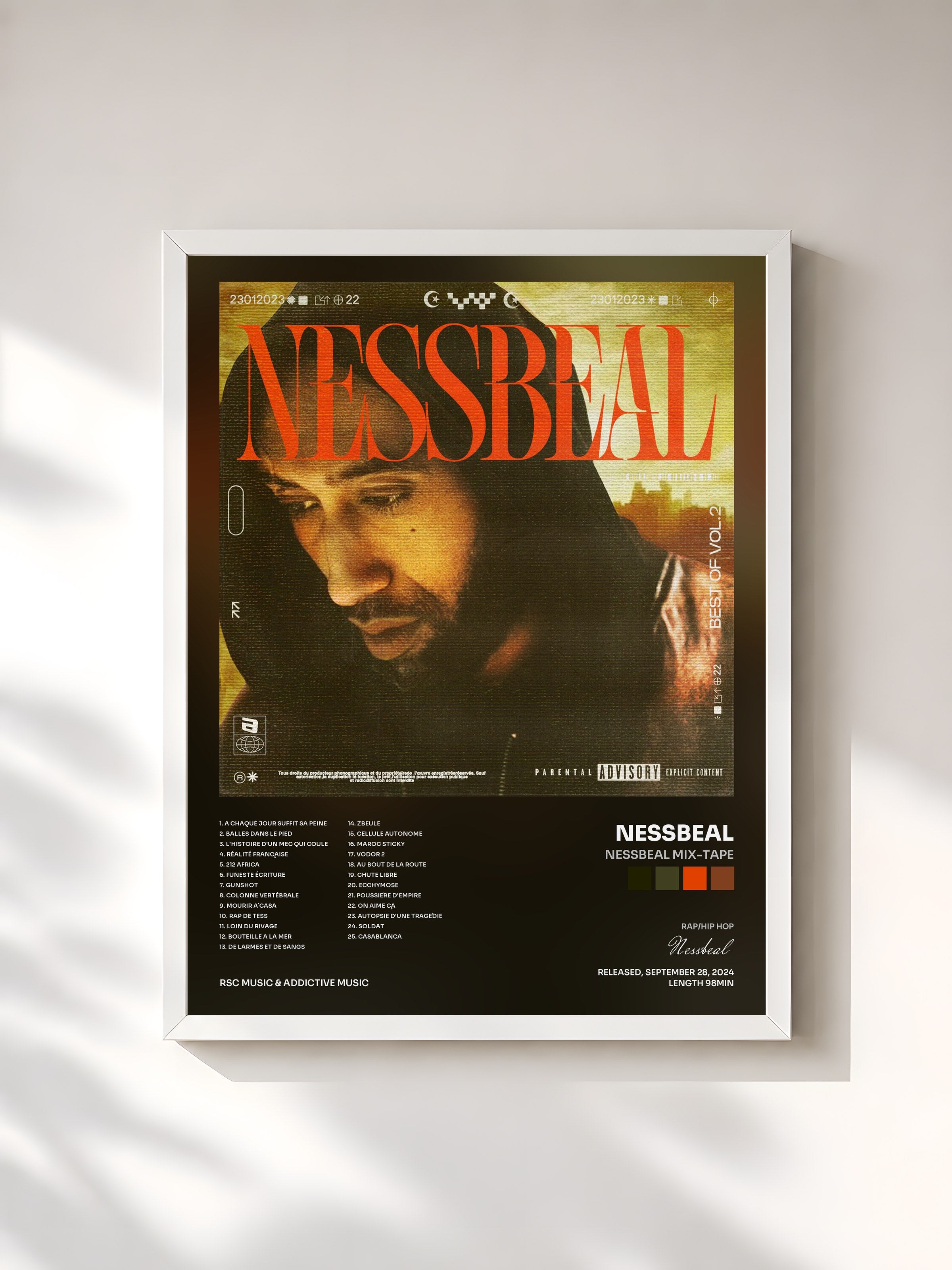 #blanc Tableau de l'album Nessbeal Mix-tape de Nessbeal, cadre blanc, imprimé et encadré en France