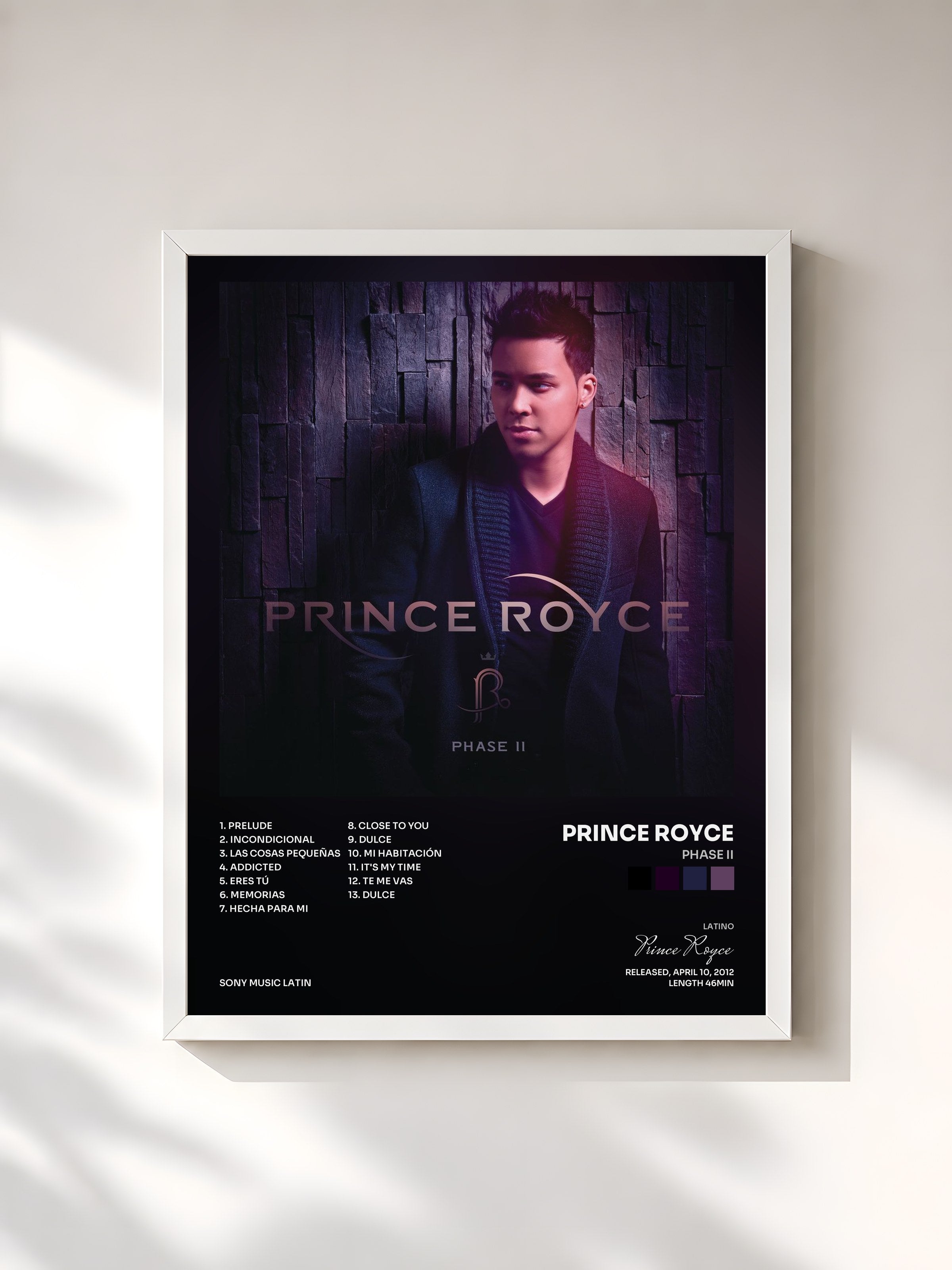 #blanc Tableau de l'album Phase II de Prince Royce, cadre blanc, imprimé et encadré en France