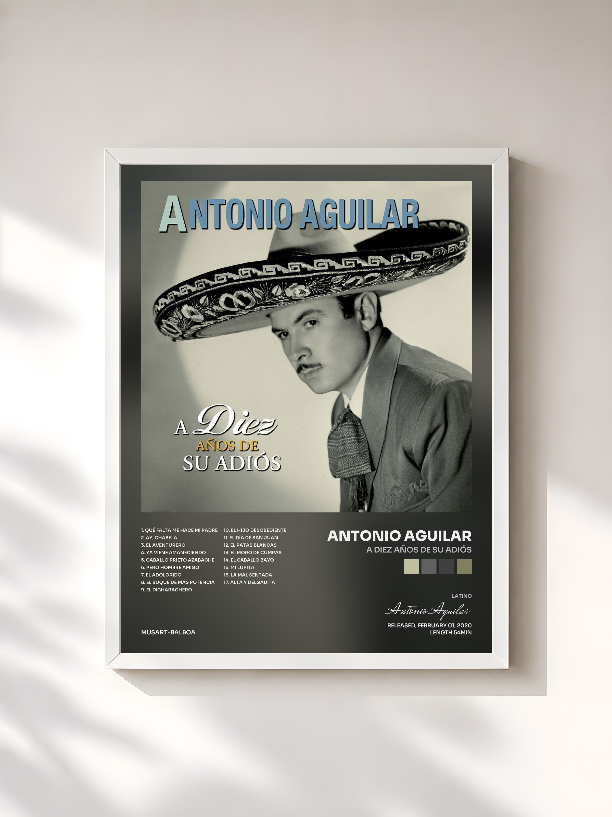 #blanc Tableau de l'album A Diez Años De Su Adiós de Antonio Aguilar, cadre blanc, imprimé et encadré en France