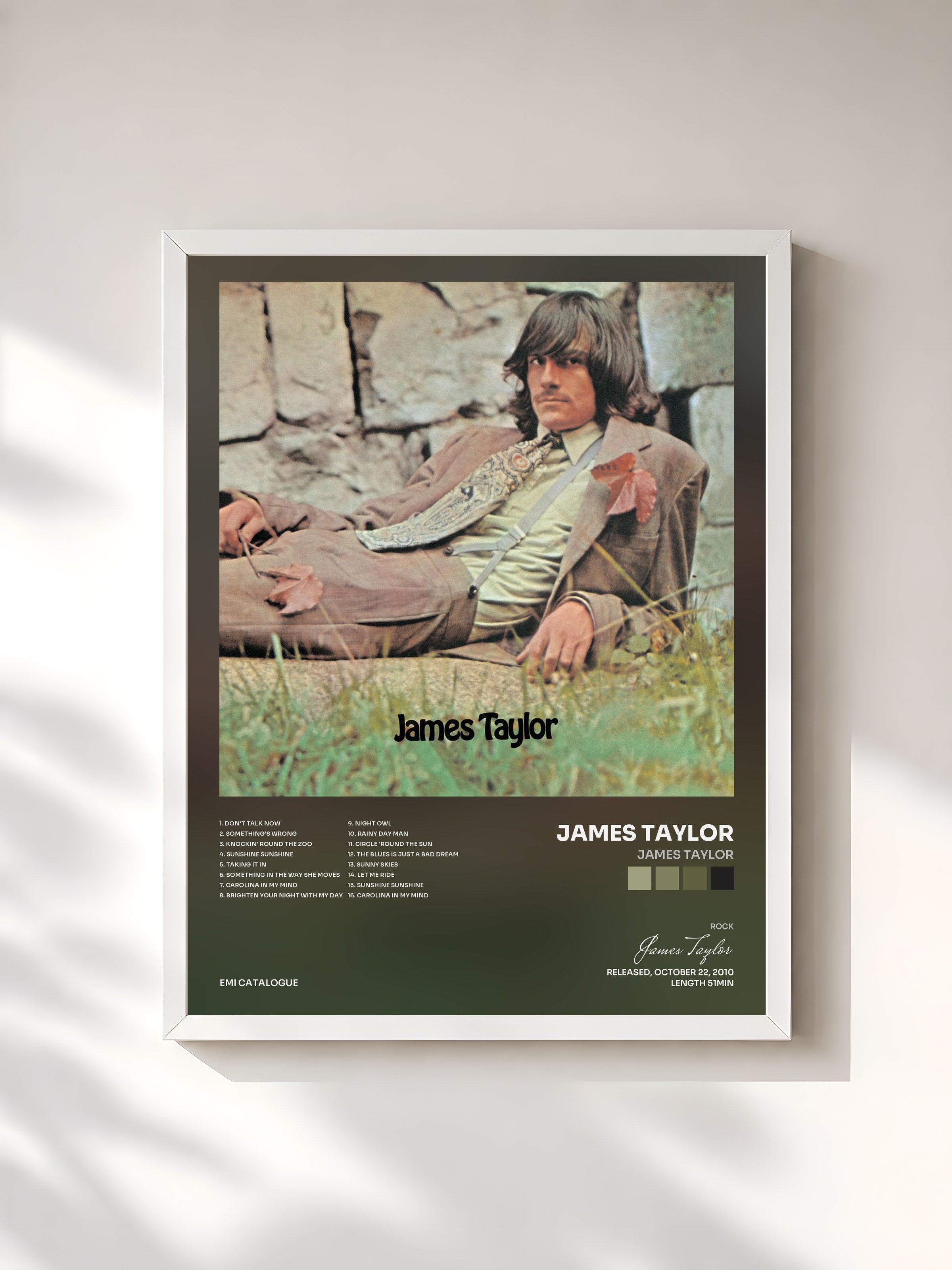 #blanc Tableau de l'album James Taylor de James Taylor, cadre blanc, imprimé et encadré en France